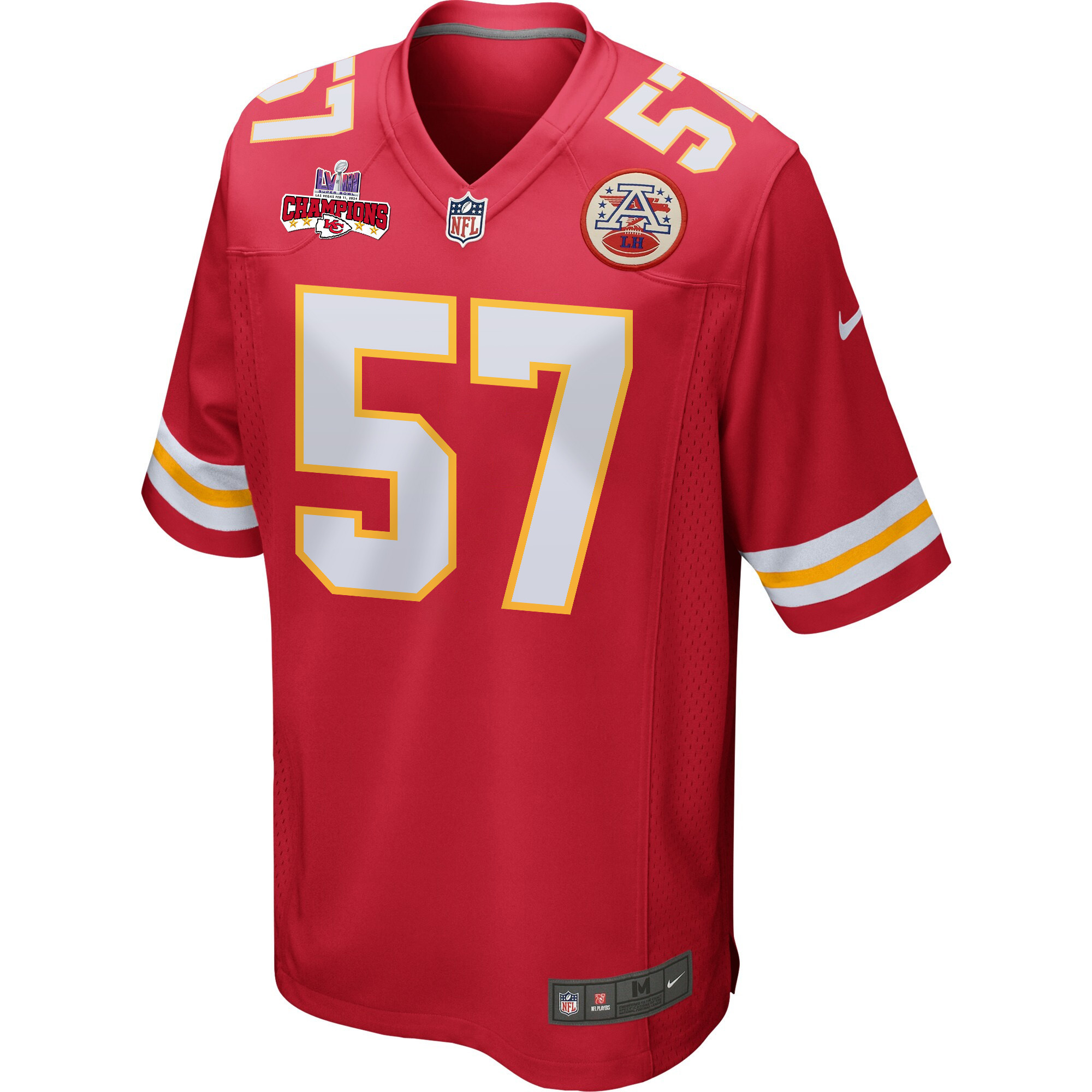 Truman Jones 57 Kansas City Chiefs Super Bowl LVIII Champions 4 Stars Patch Game Red NFL Jersey Men's