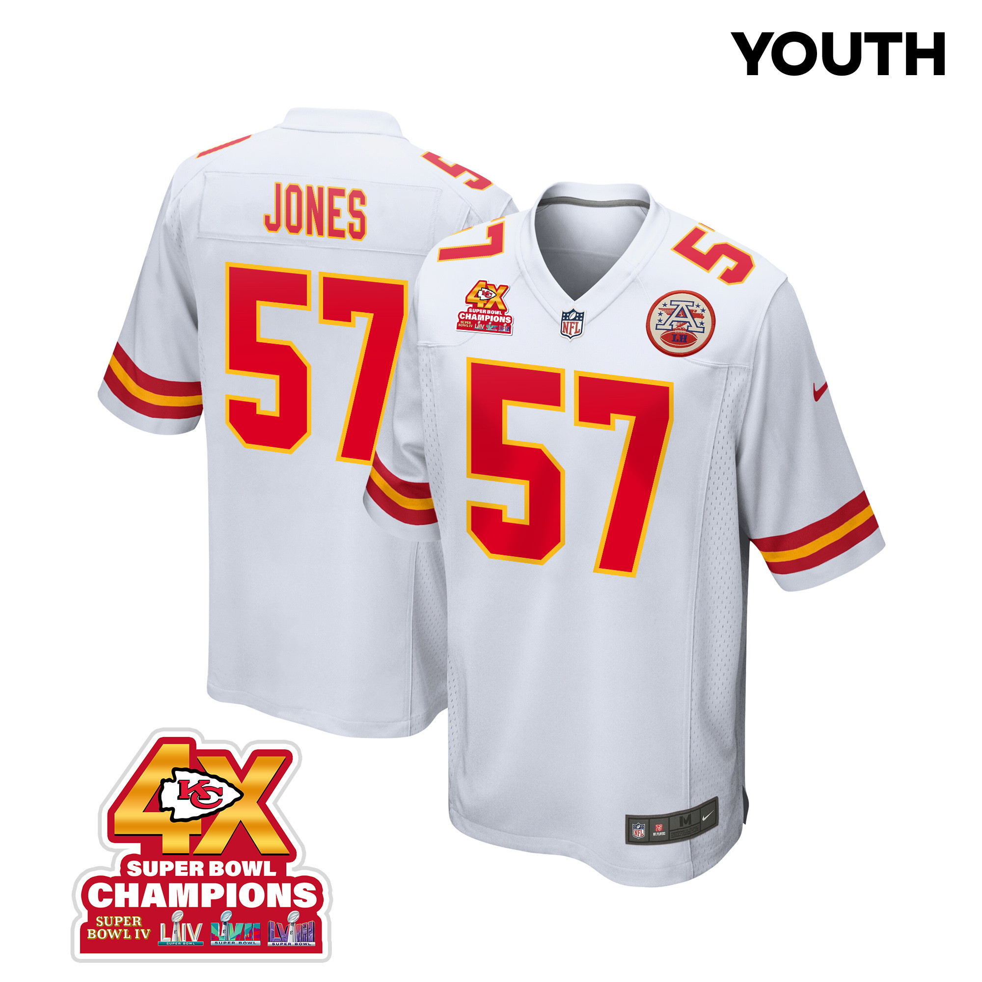 Truman Jones 57 Kansas City Chiefs Super Bowl LVIII Champions 4X Game White NFL Jersey Youth