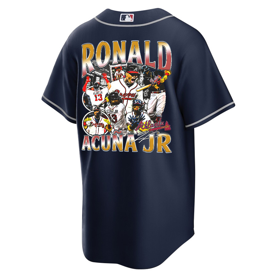 Ronald Acu?a Jr. 13 Atlanta Braves Signed Posture 2023 Alternate Player Navy MLB Jersey Men's