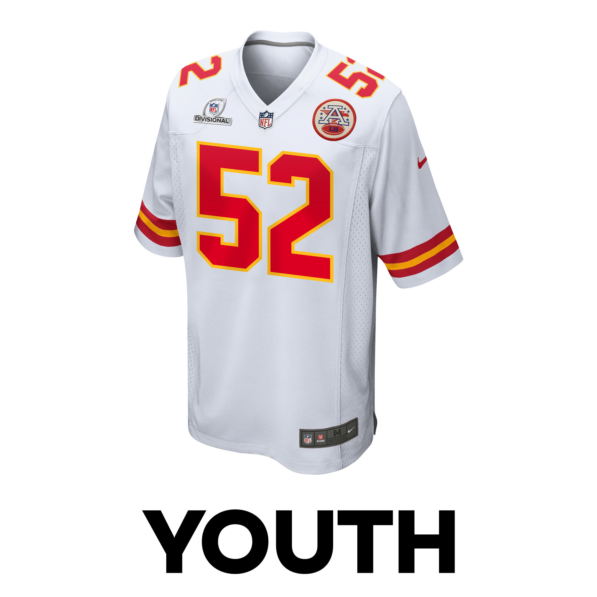 Creed Humphrey 52 Kansas City Chiefs Super Bowl LVIII Patch Game White NFL Jersey Youth