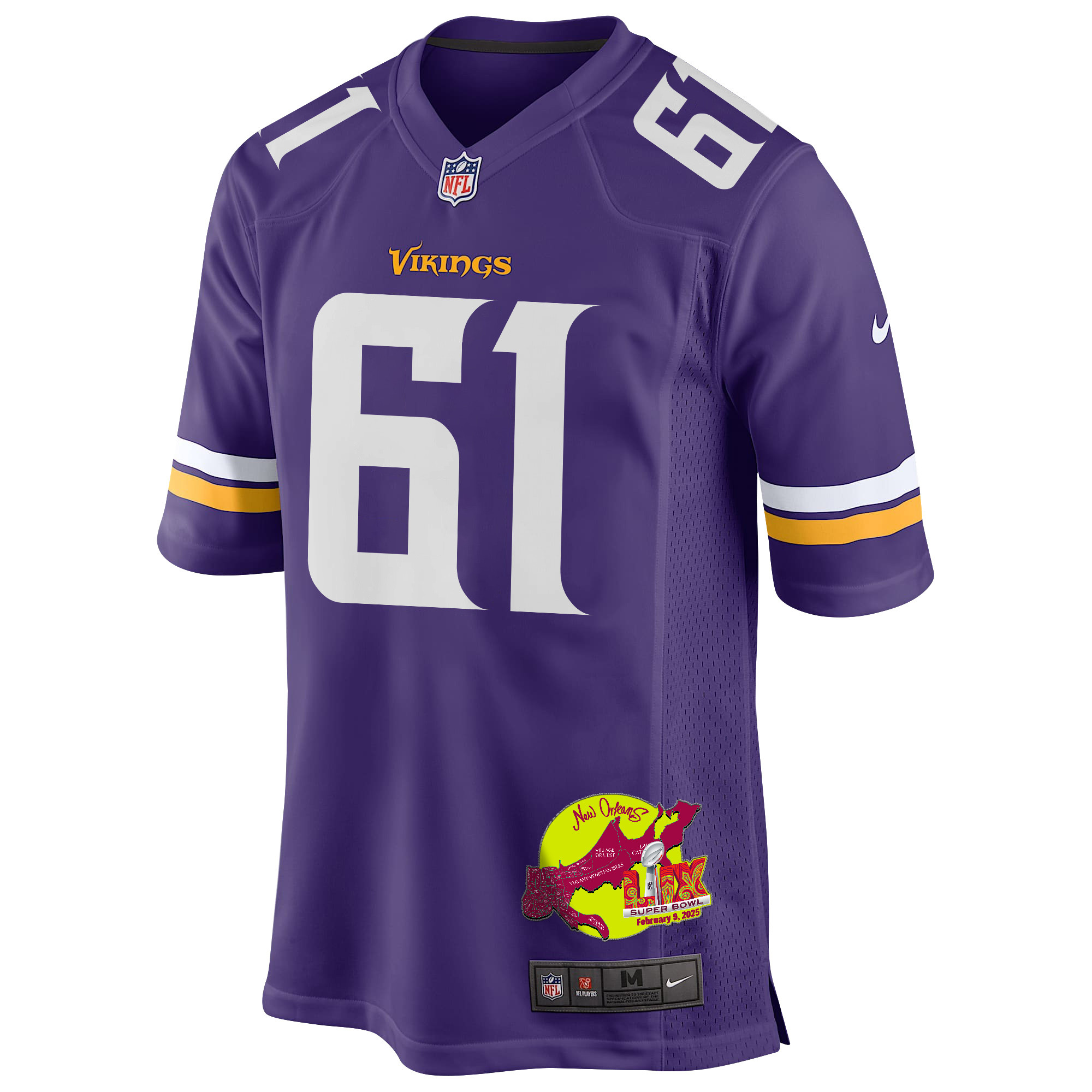 Jalen Redmond 61 Minnesota Vikings Super Bowl LIX New Orleans Patch Game Purple NFL Jersey Men's