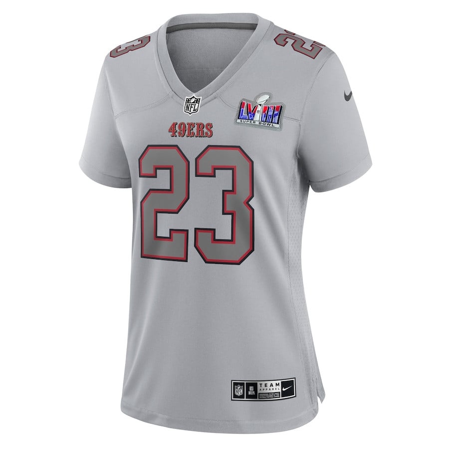 Christian McCaffrey 23 San Francisco 49ers Super Bowl LVIII Atmosphere Fashion Game Gray NFL Jersey Women's