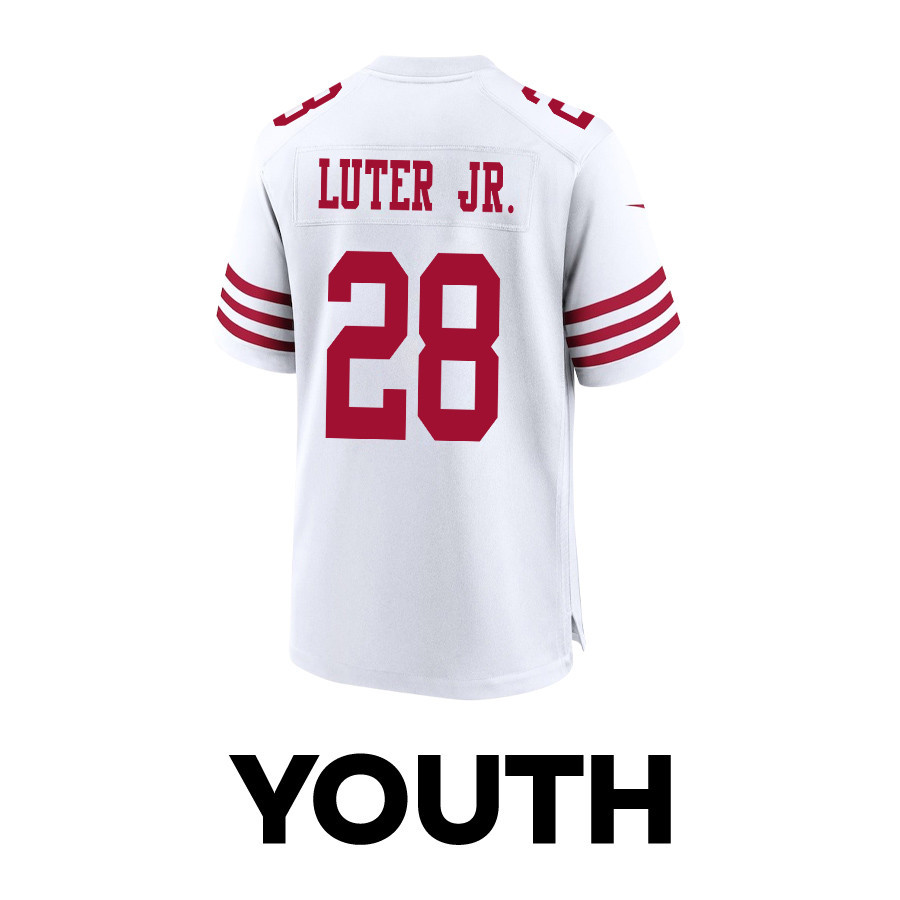 Darrell Luter Jr. 28 San Francisco 49ers Super Bowl LVIII Patch Game White NFL Jersey Youth