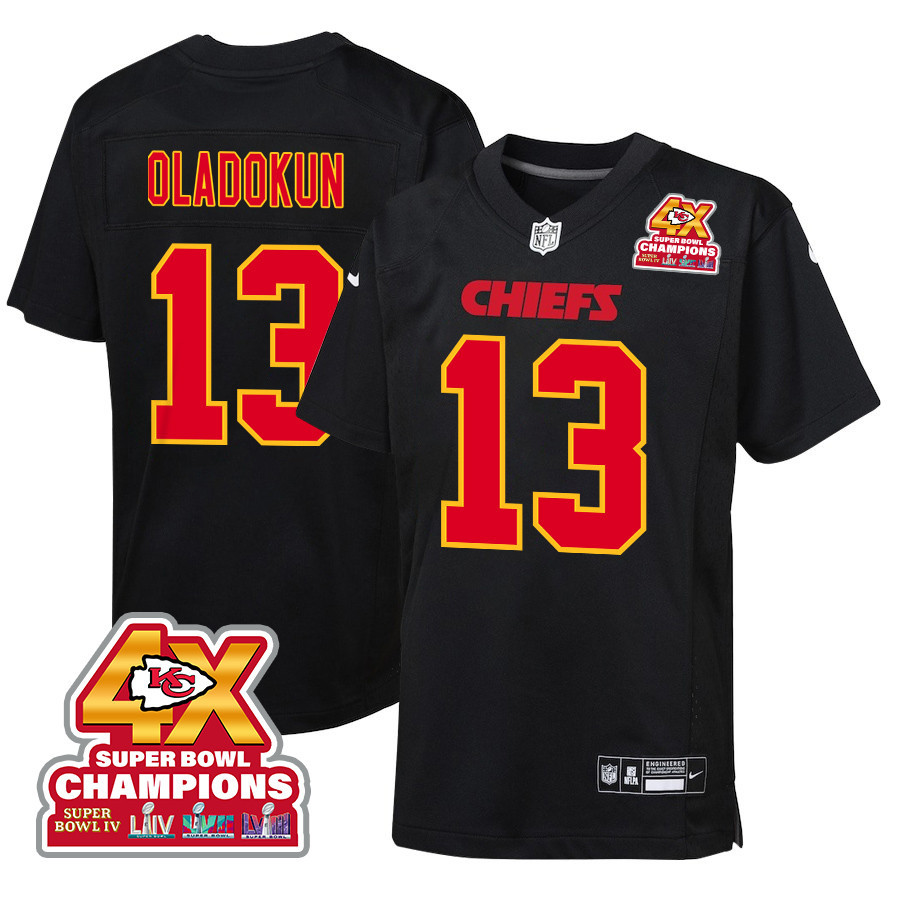 Chris Oladokun 13 Kansas City Chiefs Super Bowl LVIII Champions 4X Fashion Game Carbon Black NFL Jersey Youth