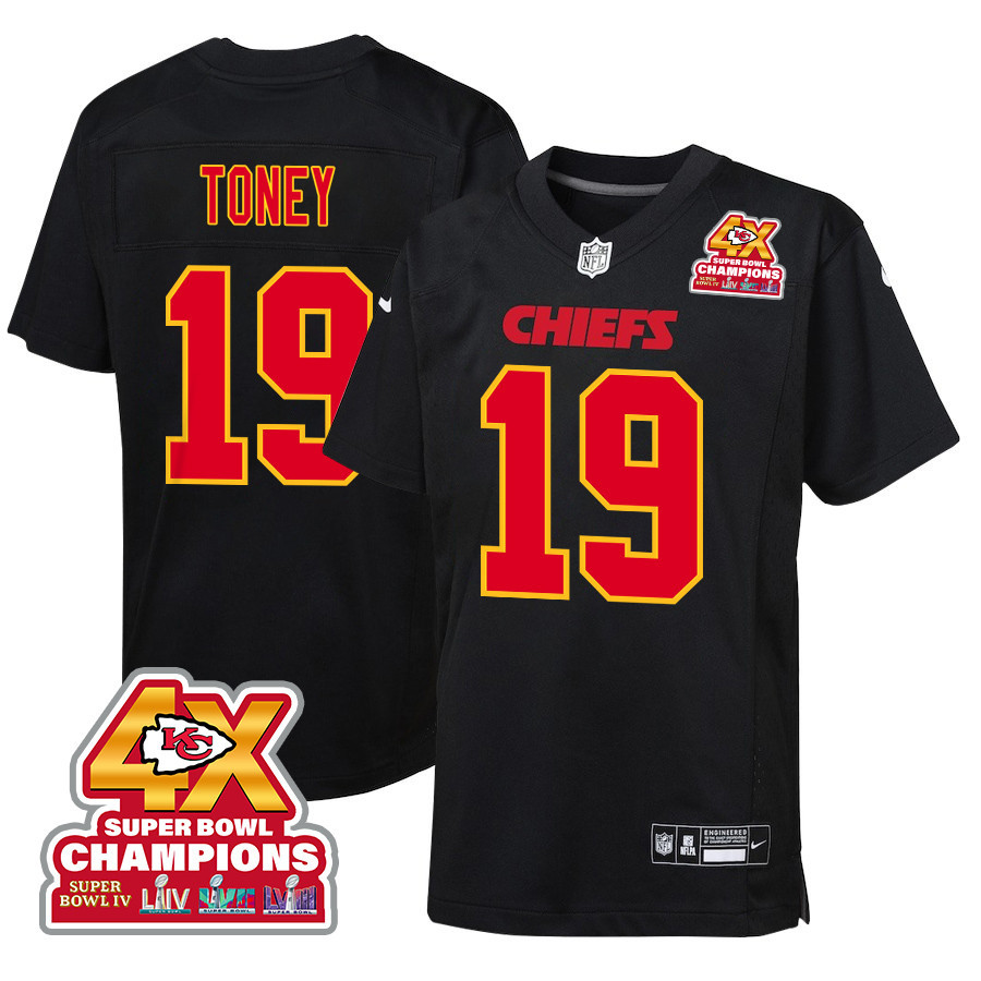 Kadarius Toney 19 Kansas City Chiefs Super Bowl LVIII Champions 4X Fashion Game Carbon Black NFL Jersey Youth