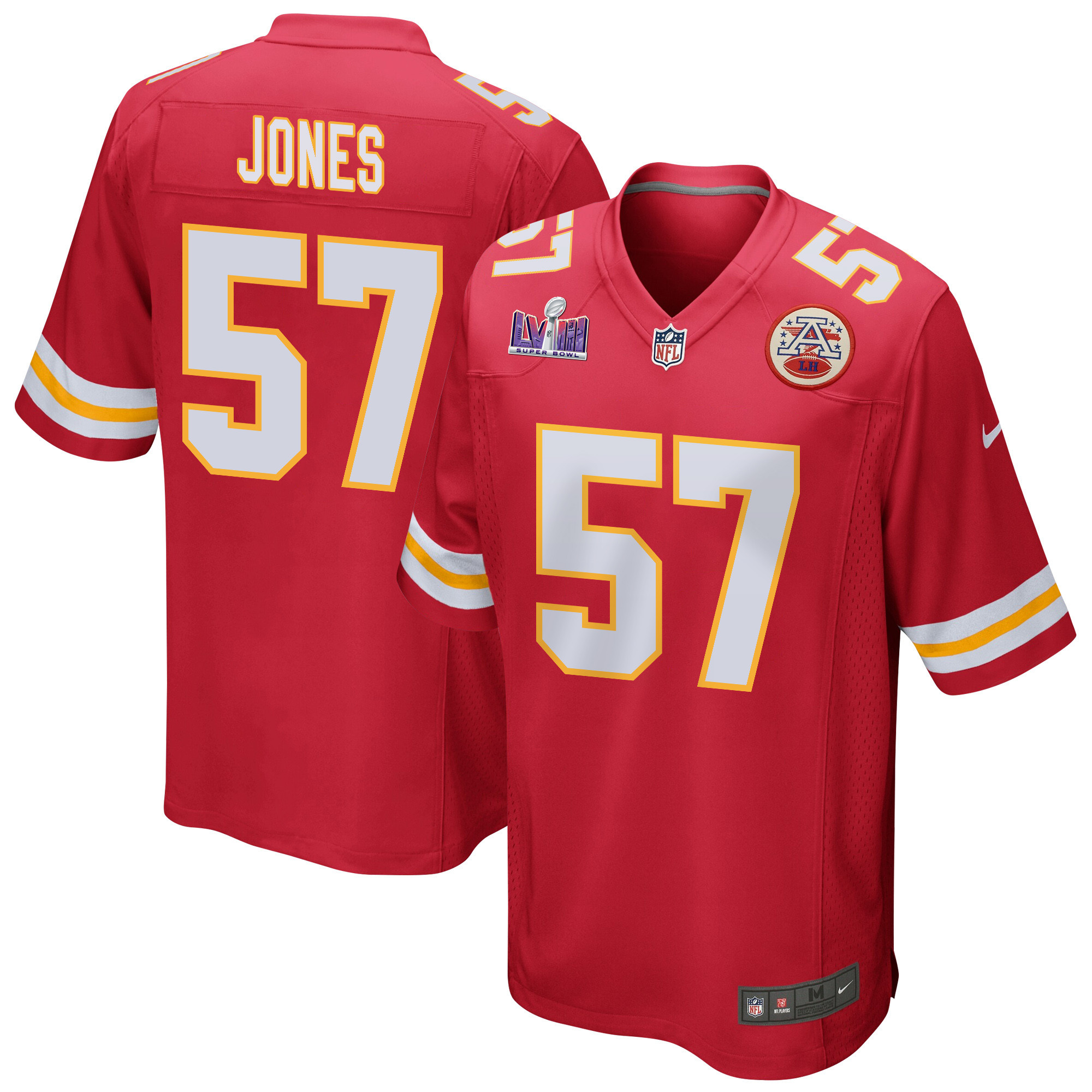 Truman Jones 57 Kansas City Chiefs Super Bowl LVIII Patch Game Red NFL Jersey Men's