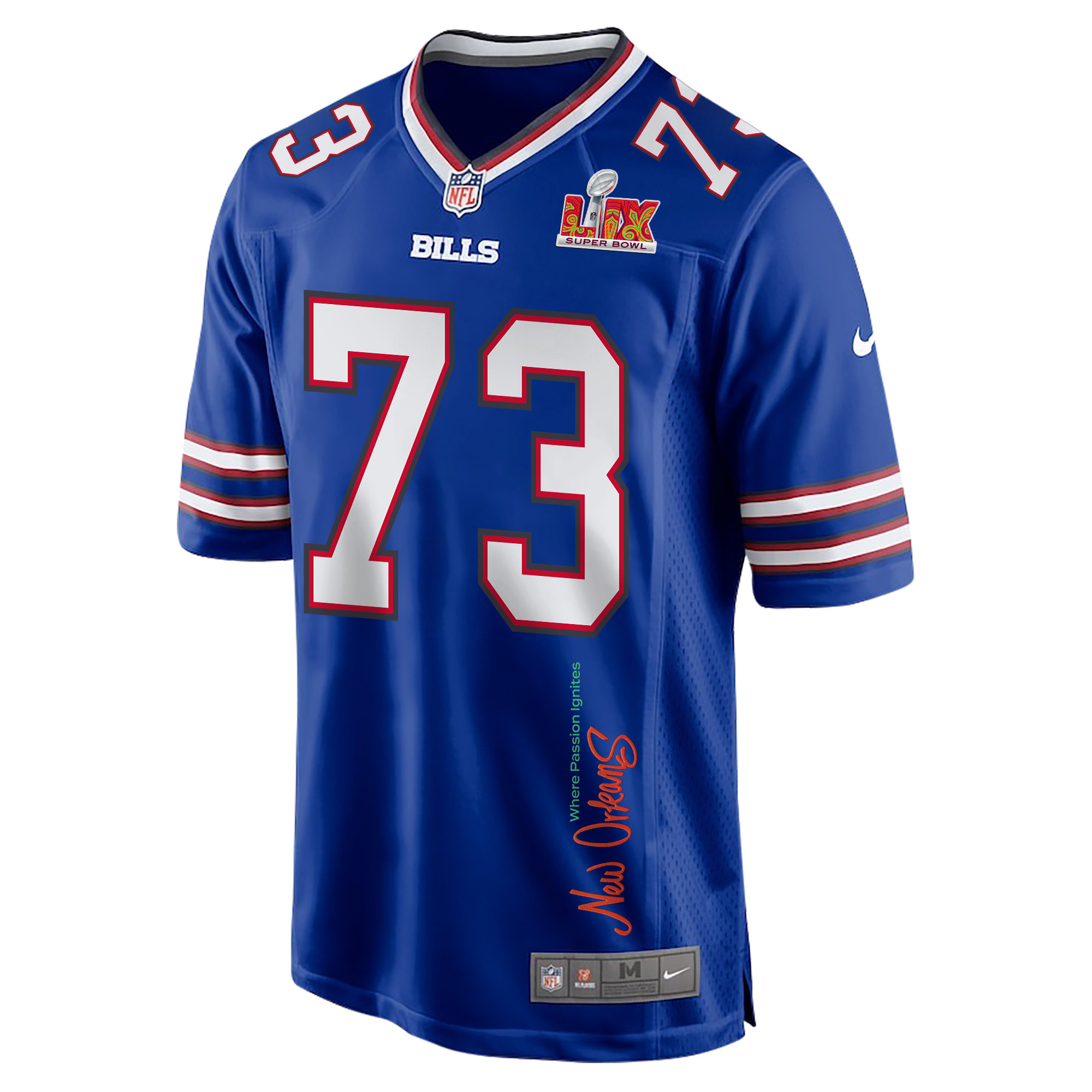Dion Dawkins 73 Buffalo Bills Super Bowl LIX New Orleans Where Passion Ignites' EMBROIDERED Game Royal NFL Jersey Men's