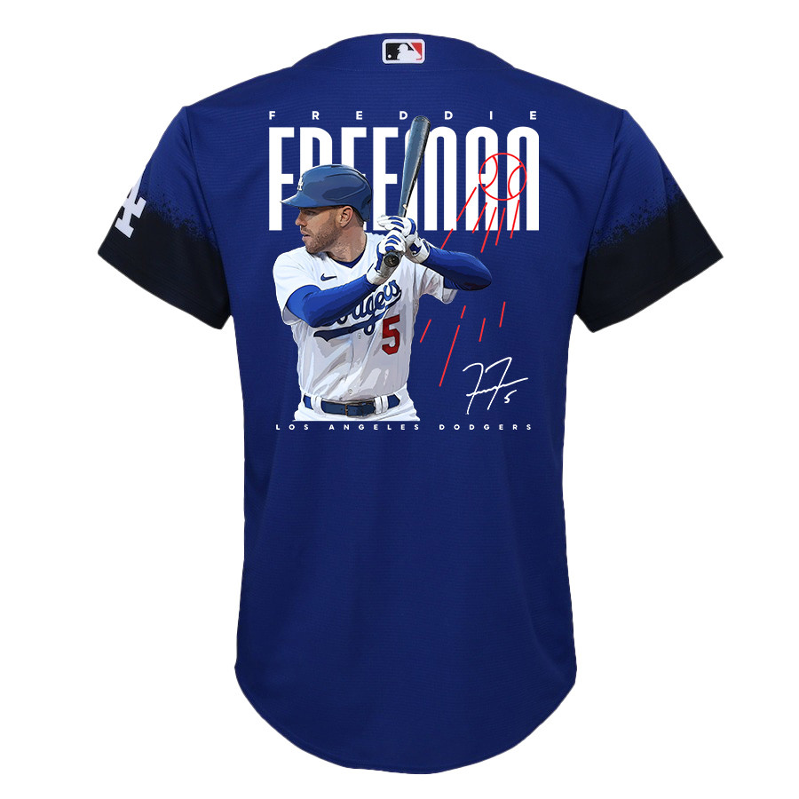 Freddie Freeman 5 Los Angeles Dodgers Signed Logo 2023 City Connect Player Royal MLB Jersey Youth