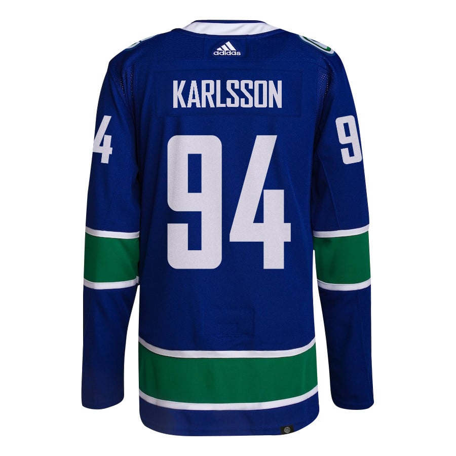 Linus Karlsson 94 Vancouver Canucks 2024 Playoffs Patch Home Blue NHL Jersey Men's