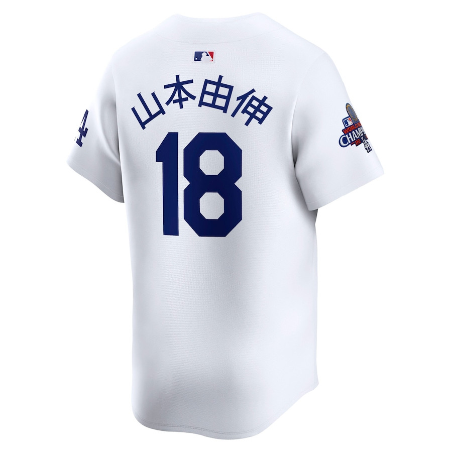 Yoshinobu Yamamoto 18 Los Angeles Dodgers 2024 World Series Champions Japanese Characters Limited Player White MLB Jersey Men's