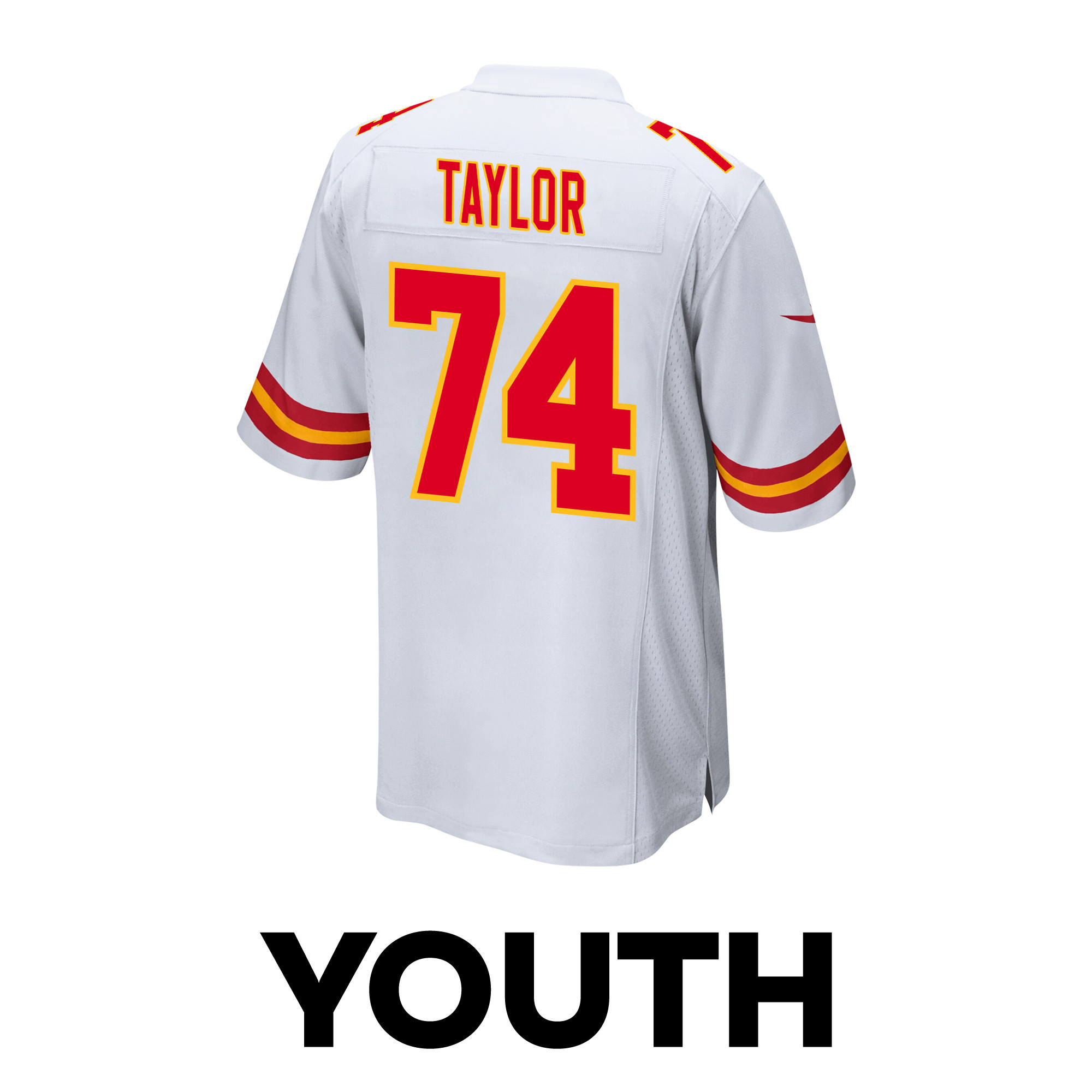 Jawaan Taylor 74 Kansas City Chiefs Super Bowl LVIII Champions 4 Stars Patch Game White NFL Jersey Youth