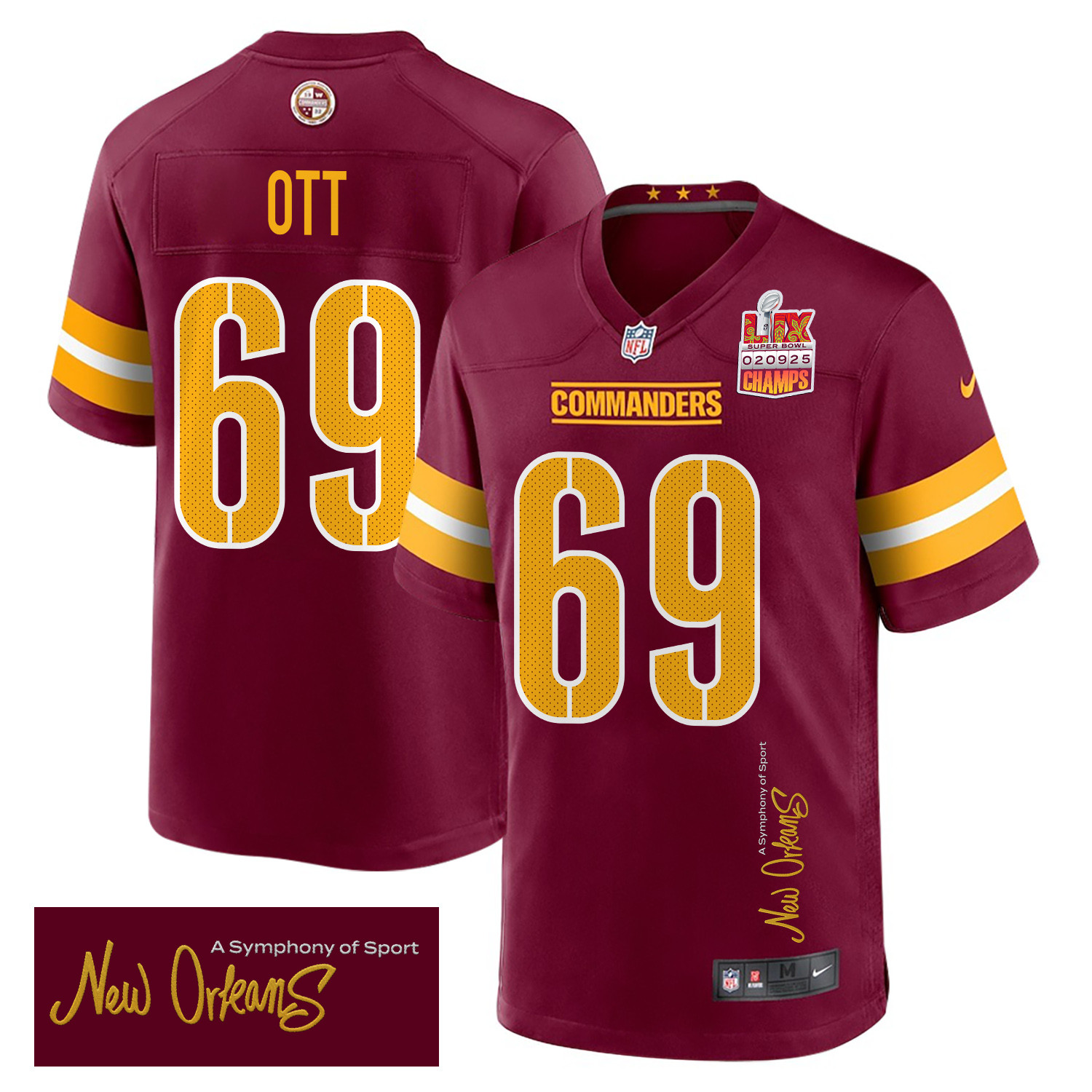 Tyler Ott 69 Washington Commanders Super Bowl LIX Champions Patch New Orleans A Symphony of Sport' EMBROIDERED Game Burgundy NFL Jersey Men's