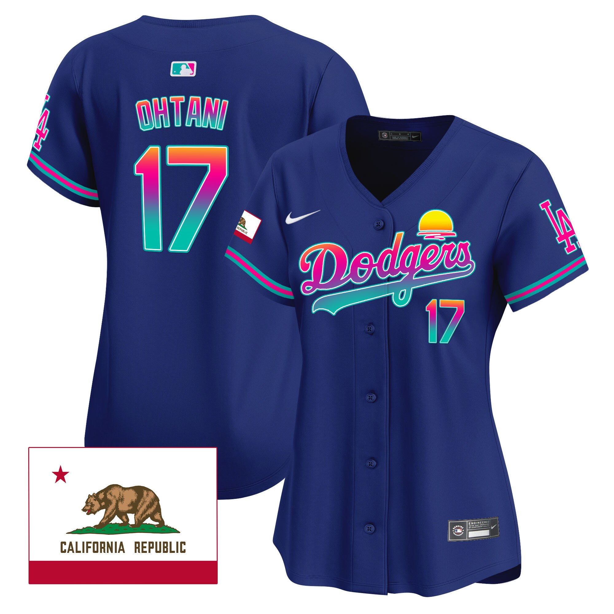 Shohei Ohtani 17 Los Angeles Dodgers 2024 Los Angeles City Style California Republic Patch Royal MLB Jersey Women's