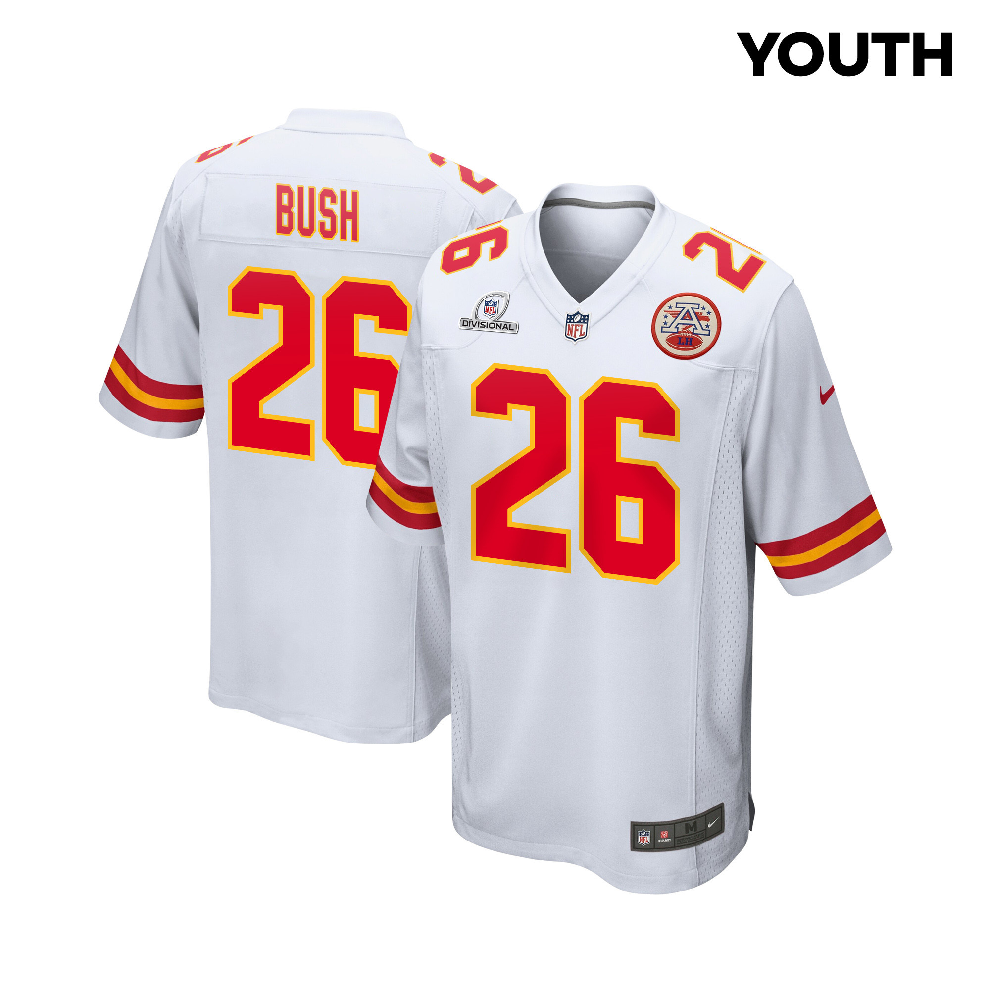 Deon Bush 26 Kansas City Chiefs Super Bowl LVIII Patch Game White NFL Jersey Youth