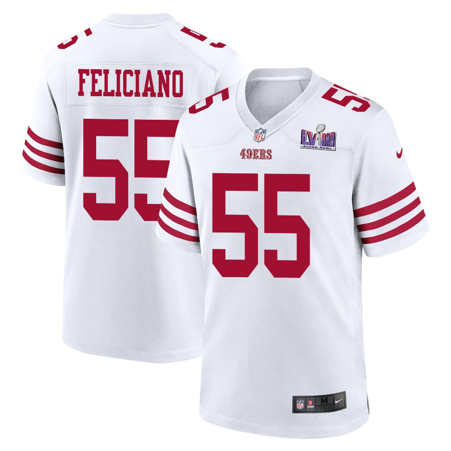 Jon Feliciano 55 San Francisco 49ers Super Bowl LVIII Patch Game White NFL Jersey Men's