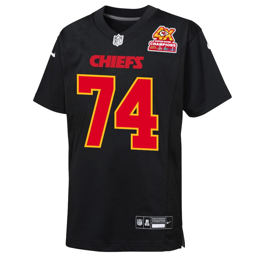 Lucas Niang 77 Kansas City Chiefs Super Bowl LVIII Champions 4X Fashion Game Carbon Black NFL Jersey Youth