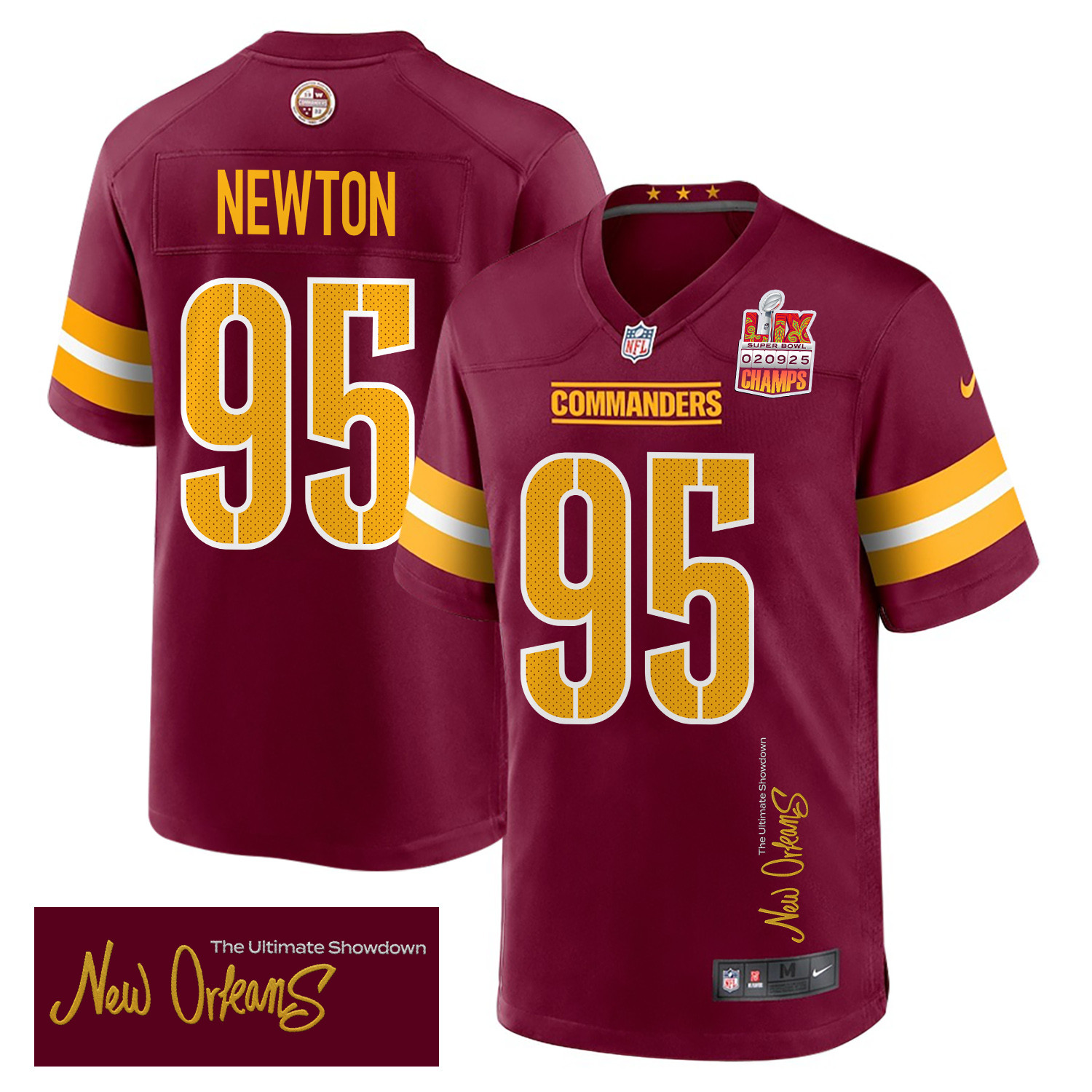 Jer'Zhan Newton 95 Washington Commanders Super Bowl LIX Champions Patch New Orleans The Ultimate Showdown' EMBROIDERED Game Burgundy NFL Jersey Men's