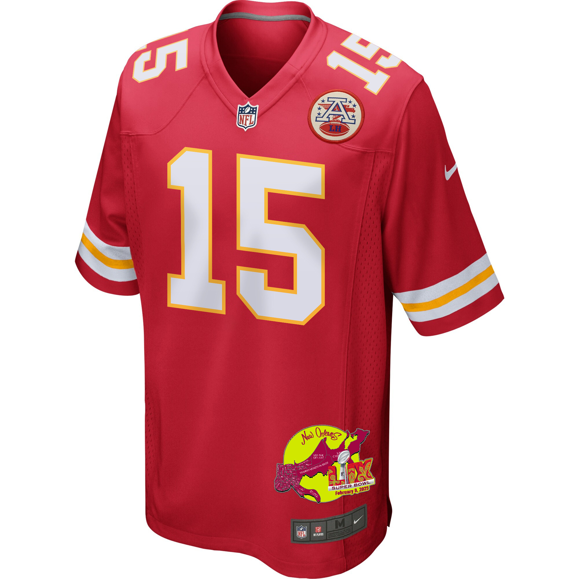 Patrick Mahomes 15 Kansas City Chiefs Super Bowl LIX New Orleans Patch Game Red NFL Jersey Men's