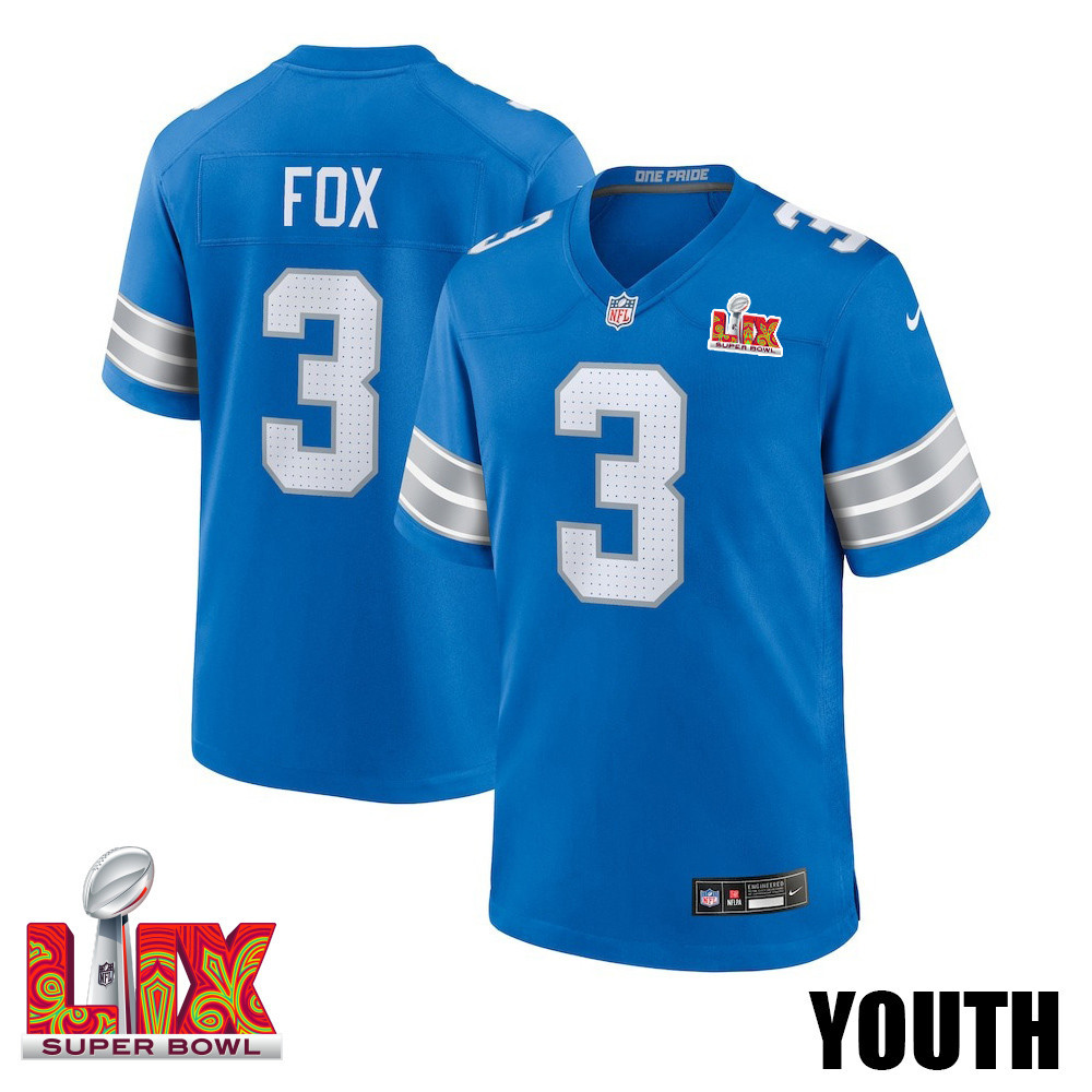 Jack Fox #3 Detroit Lions Super Bowl LIX Blue NFL Jersey Youth