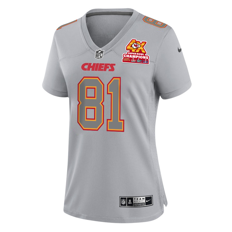 Blake Bell 81 Kansas City Chiefs Super Bowl LVIII Champions 4X Atmosphere Fashion Game Gray NFL Jersey Women's