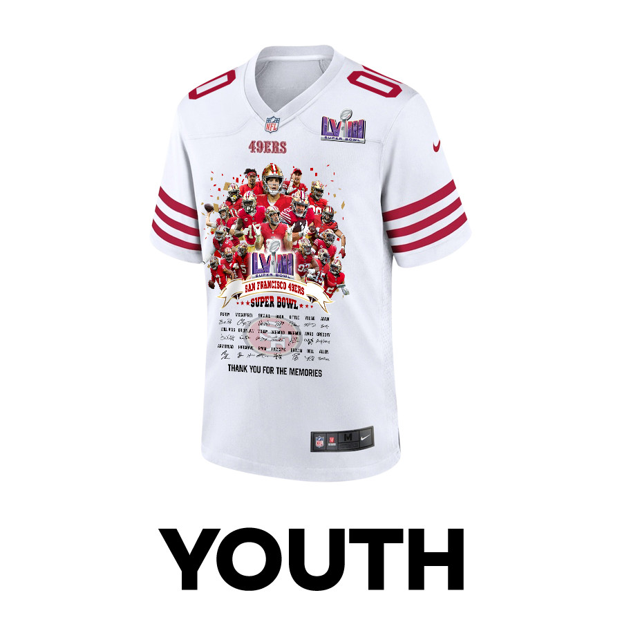 San Francisco 49ers Super Bowl LVIII Thanks For Memories Game Custom White NFL Jersey Youth
