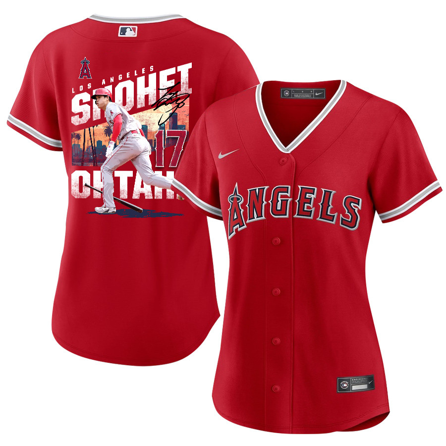 Shohei Ohtani 17 Los Angeles Angels Signed City 2023 Alternate Player Red MLB Jersey Women's