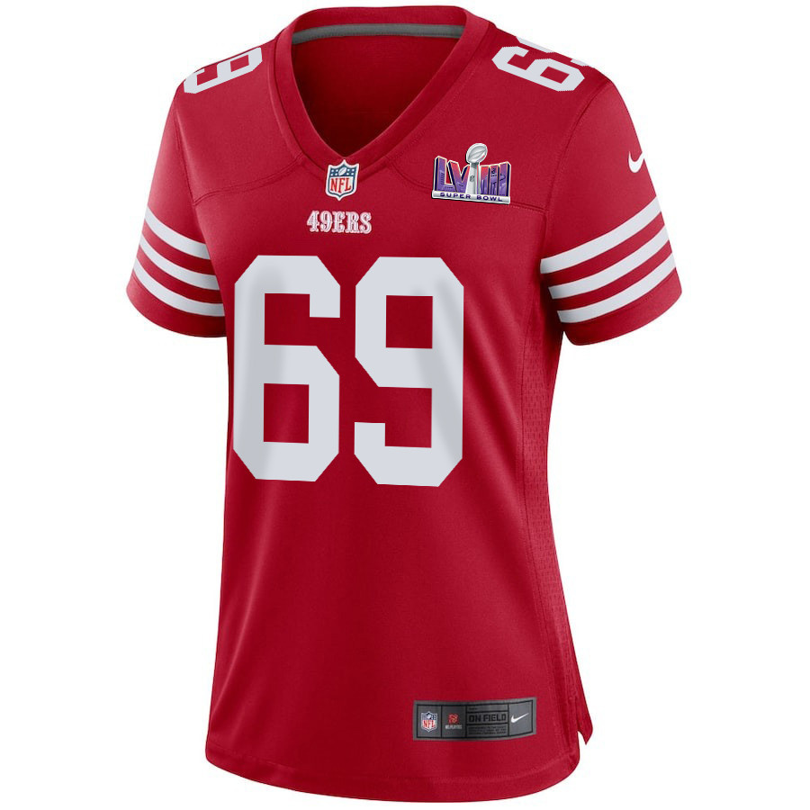 Spencer Waege 69 San Francisco 49ers Super Bowl LVIII Patch Game Scarlet NFL Jersey Women's