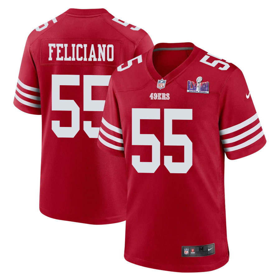 Jon Feliciano 55 San Francisco 49ers Super Bowl LVIII Patch Game Scarlet NFL Jersey Men's