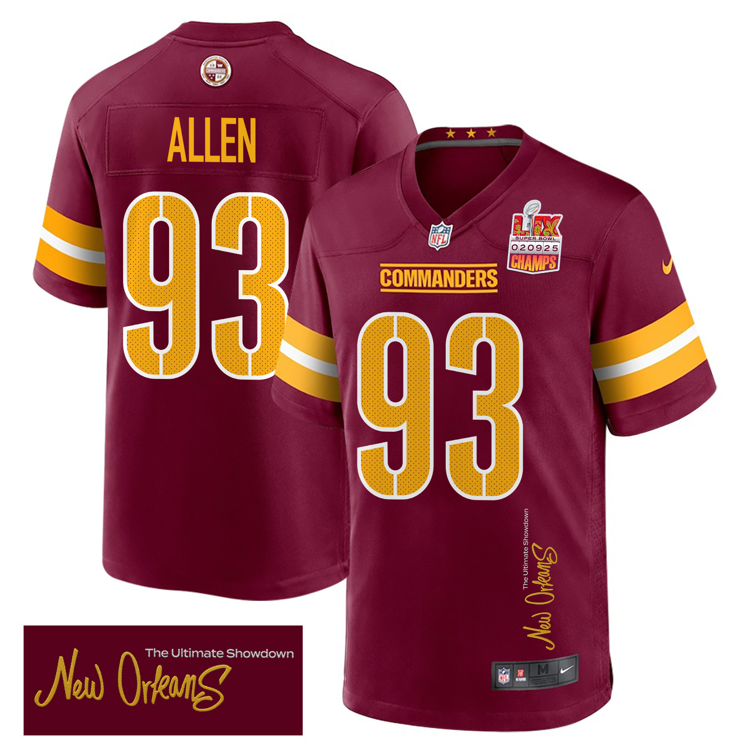 Jonathan Allen 93 Washington Commanders Super Bowl LIX Champions Patch New Orleans The Ultimate Showdown' EMBROIDERED Game Burgundy NFL Jersey Men's