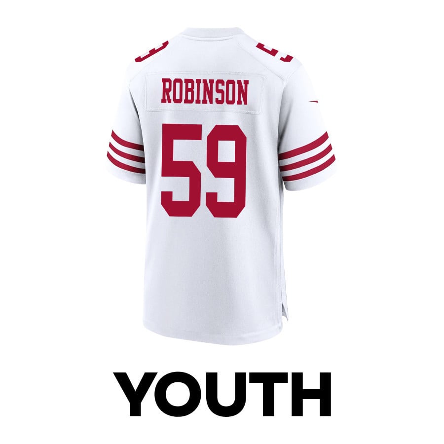 Curtis Robinson 59 San Francisco 49ers Super Bowl LVIII Patch Game White NFL Jersey Youth