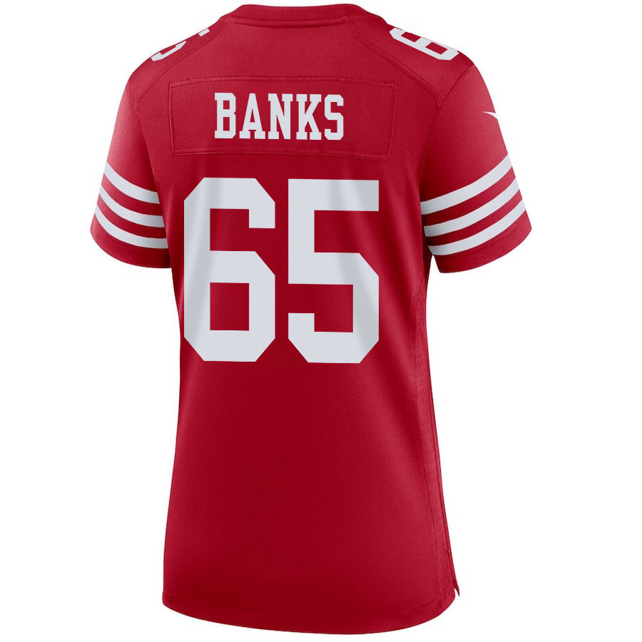 Aaron Banks 65 San Francisco 49ers Super Bowl LVIII Patch Game Scarlet NFL Jersey Women's