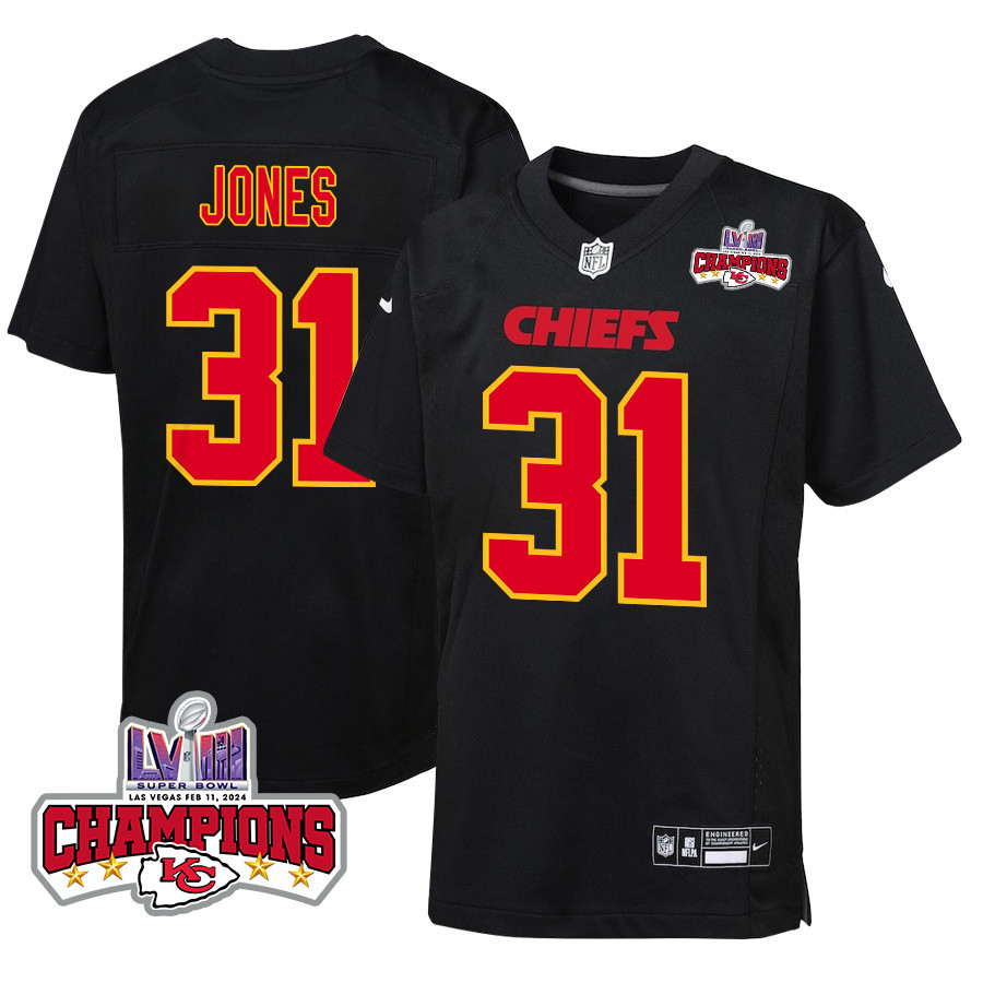 Nic Jones 31 Kansas City Chiefs Super Bowl LVIII Champions 4 Stars Patch Fashion Game Carbon Black NFL Jersey Youth