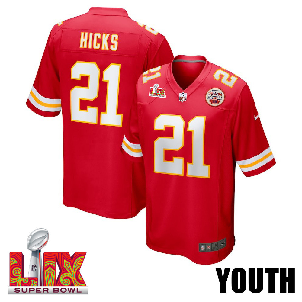 Jaden Hicks #21 Kansas City Chiefs Super Bowl LIX Red NFL Jersey Youth