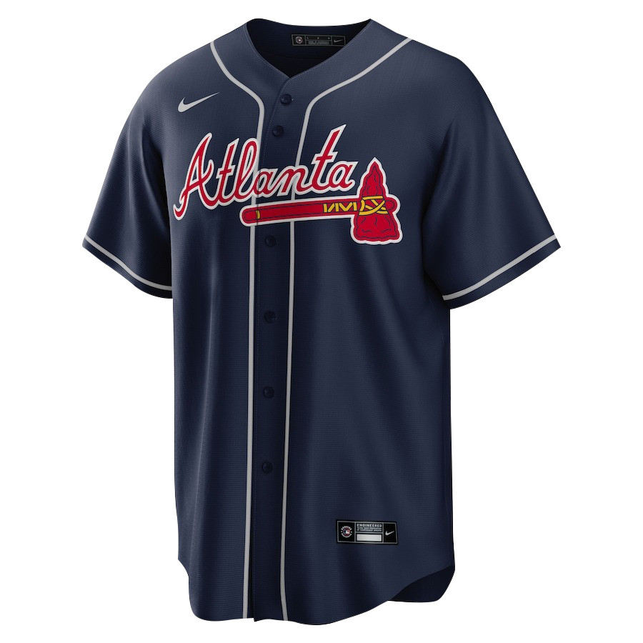 Ronald Acu?a Jr. 13 Atlanta Braves Signed Posture 2023 Alternate Player Navy MLB Jersey Men's