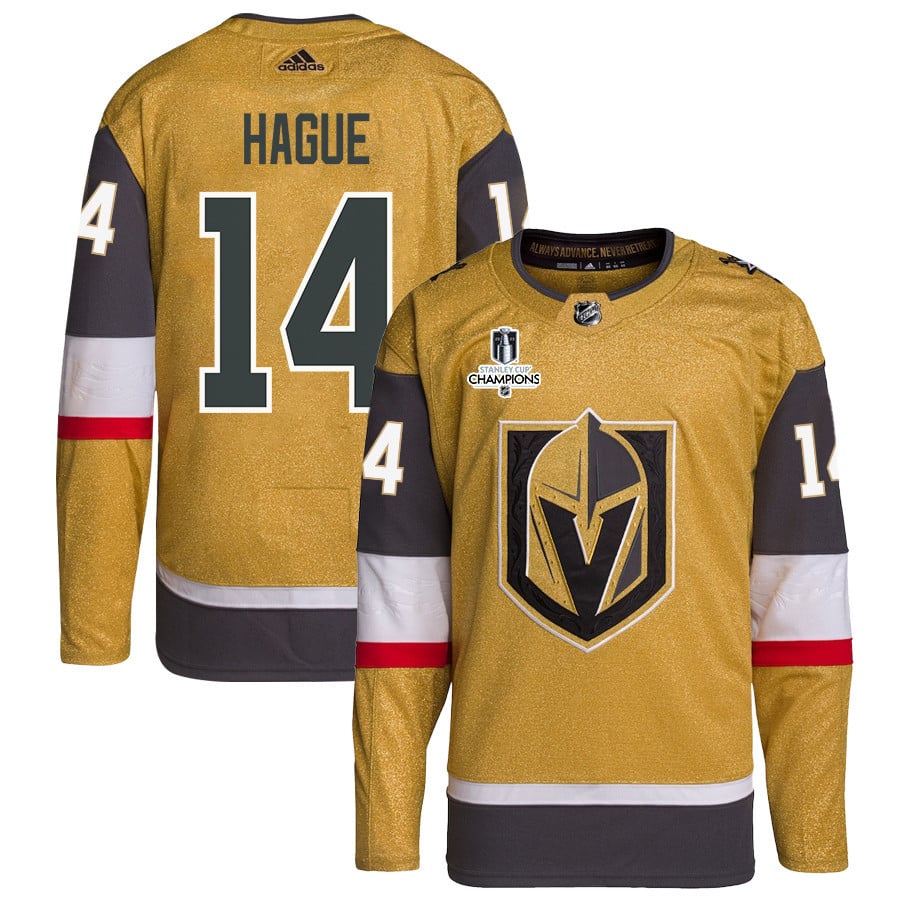 Nicolas Hague 14 Vegas Golden Knights Stanley Cup 2023 Champions Patch Home Breakaway Gold NHL Jersey Men's