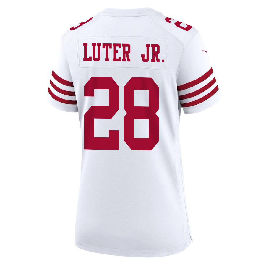 Darrell Luter Jr. 28 San Francisco 49ers Super Bowl LVIII Patch Game White NFL Jersey Women's