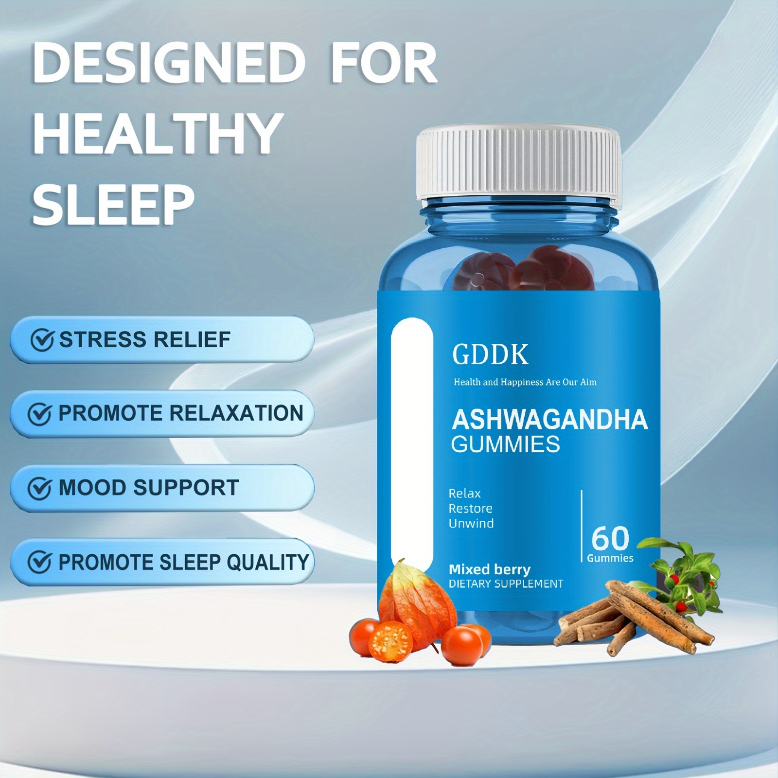 Ashwagandha & Vitamin D Gummy - 60 Count - Mixed Berry, KSM-66, Vegan, Plant Based, Non-GMO, Gluten-Free & Gelatin Free Relax. Restore. Unwind, Pack of 1