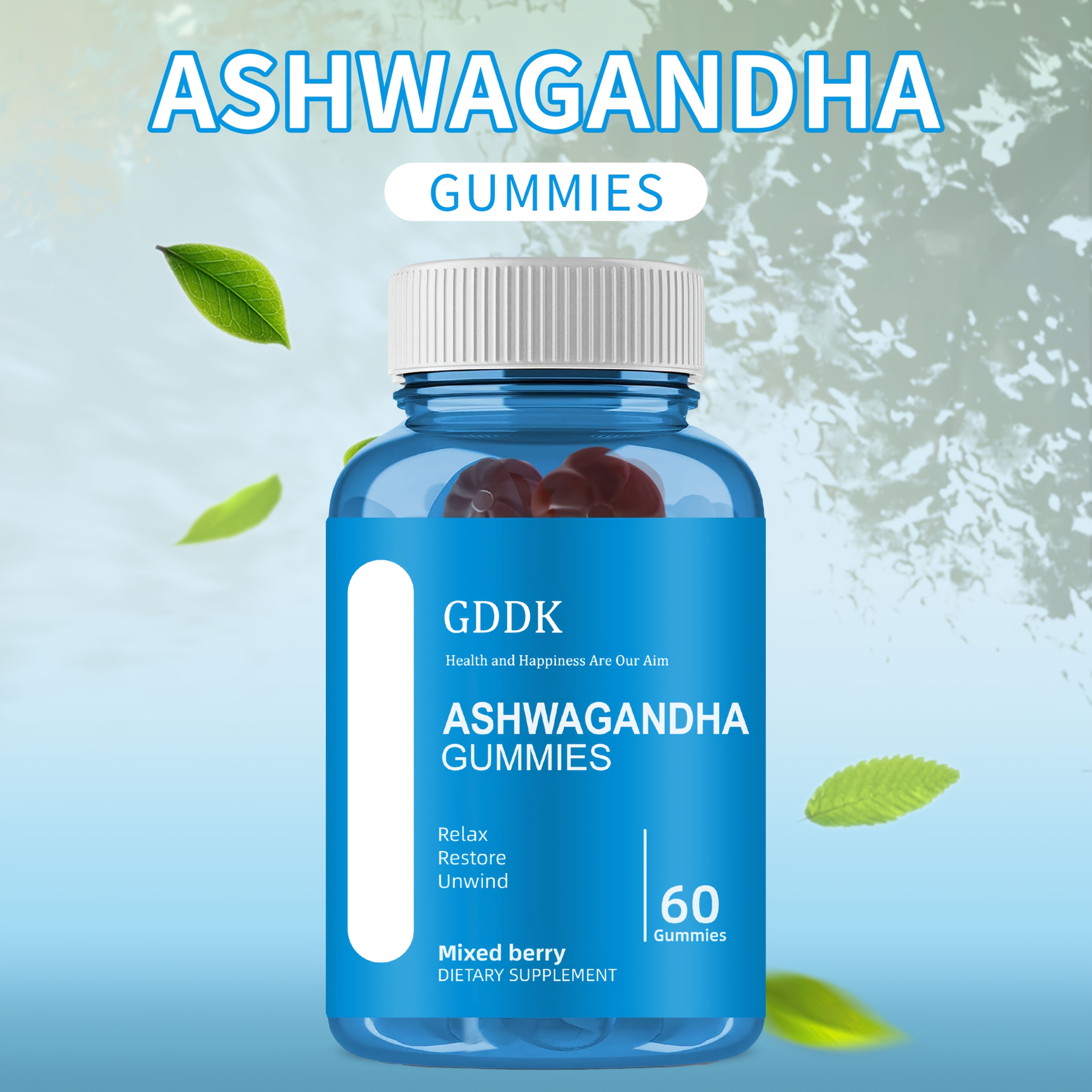 Ashwagandha & Vitamin D Gummy - 60 Count - Mixed Berry, KSM-66, Vegan, Plant Based, Non-GMO, Gluten-Free & Gelatin Free Relax. Restore. Unwind, Pack of 1