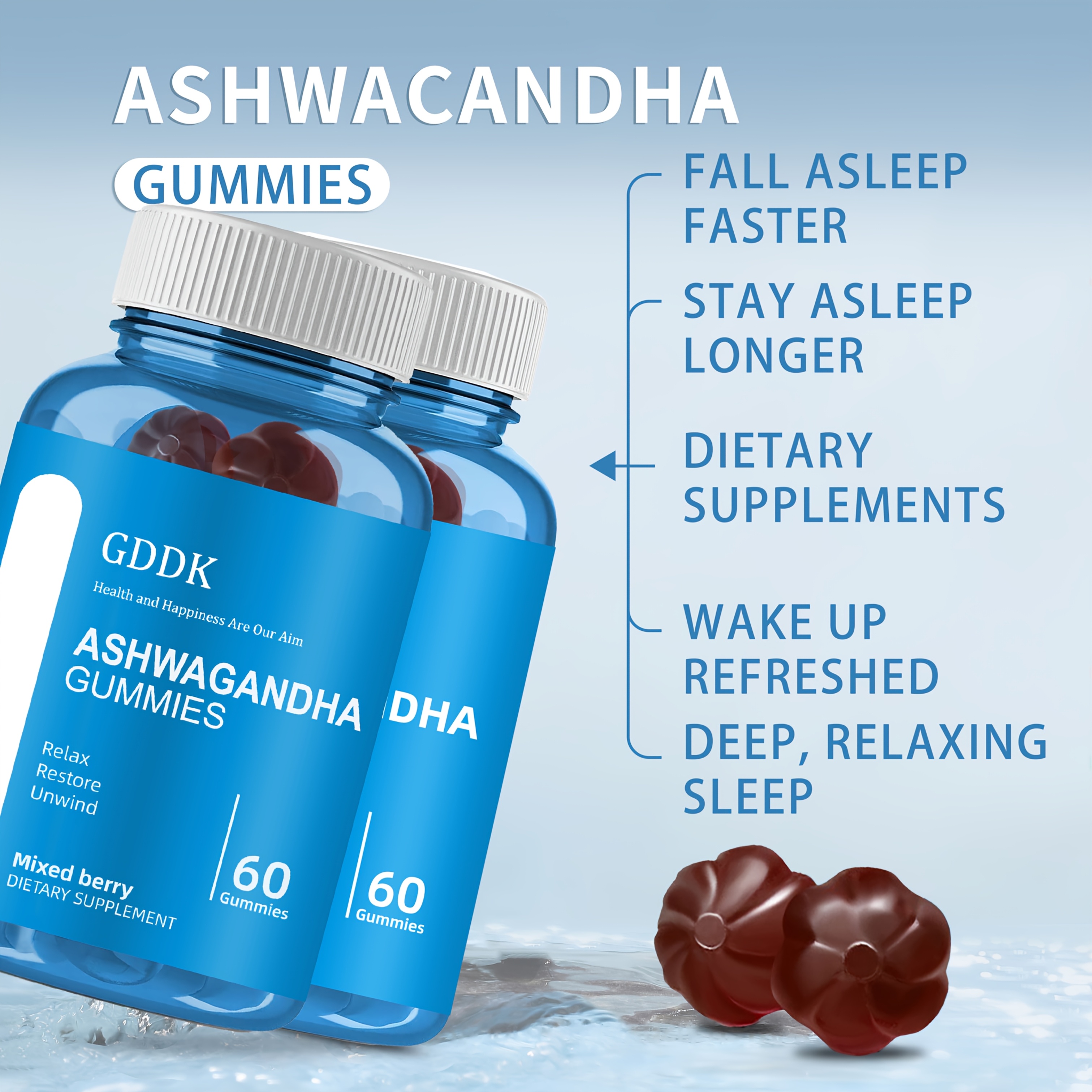 Ashwagandha & Vitamin D Gummy - 60 Count - Mixed Berry, KSM-66, Vegan, Plant Based, Non-GMO, Gluten-Free & Gelatin Free Relax. Restore. Unwind, Pack of 1