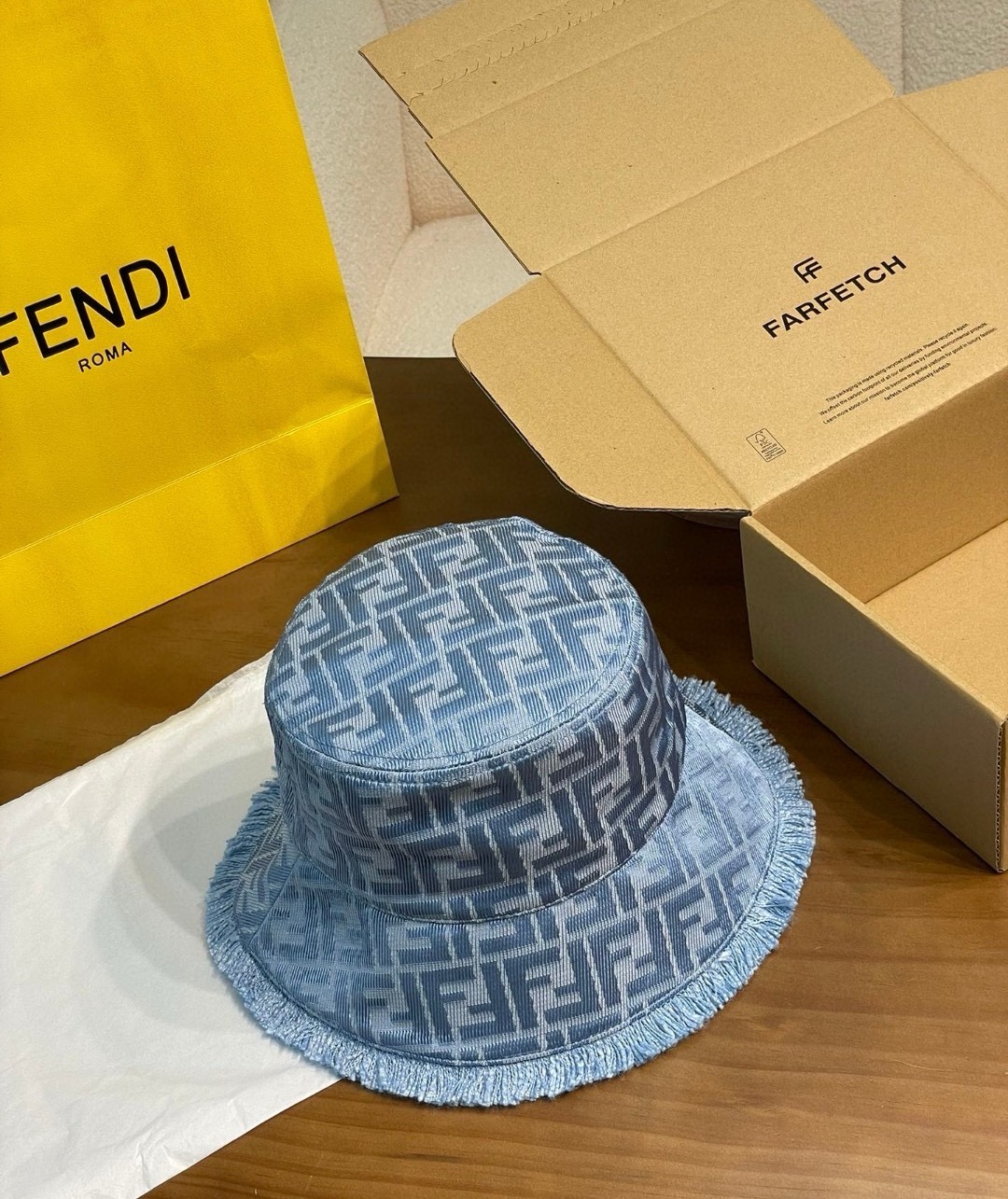 FENDI Hat Blue FF cotton bucket hat
