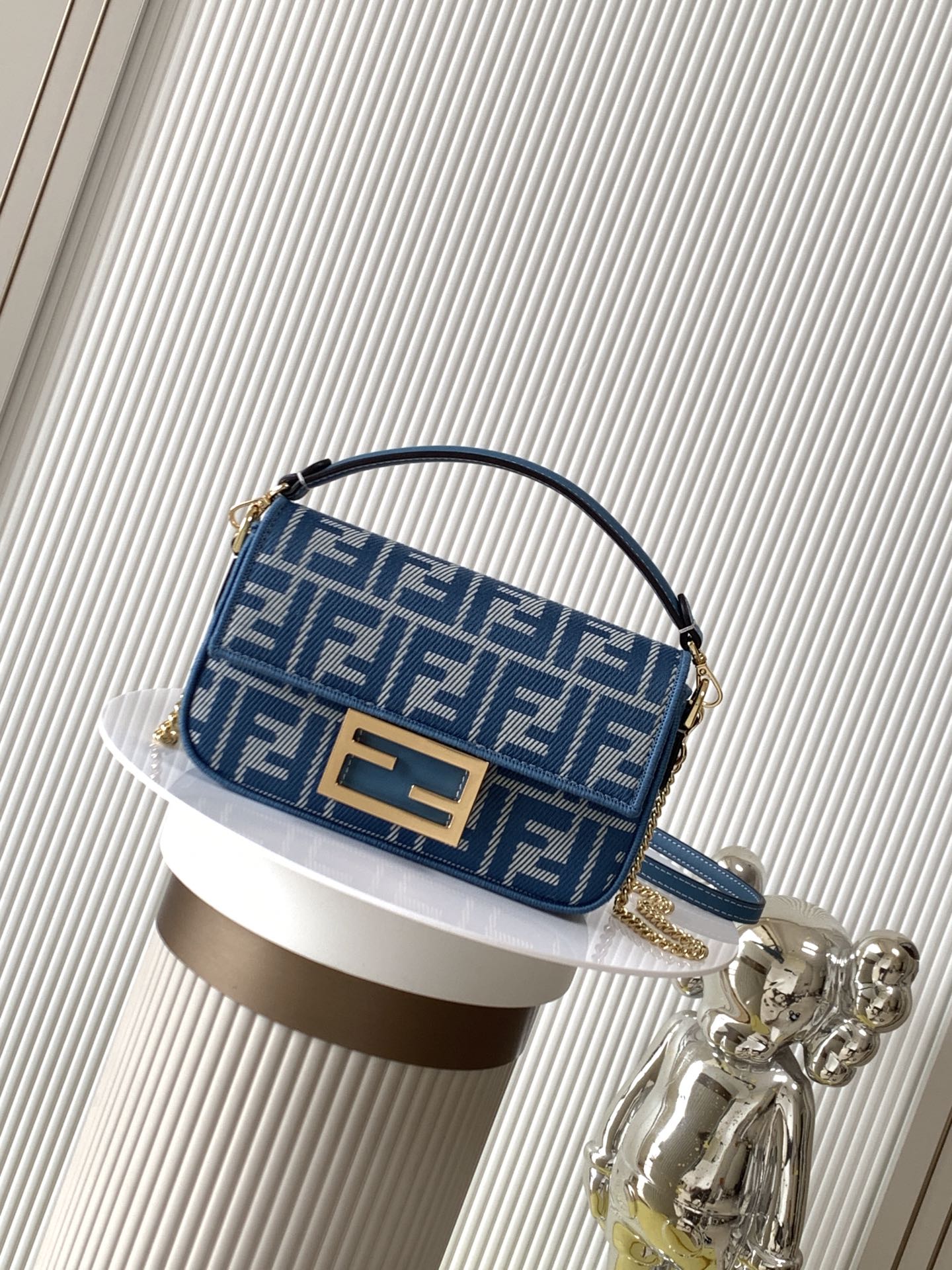 FENDI Baguette Mini Blue denim-effect FF jacquard bag
