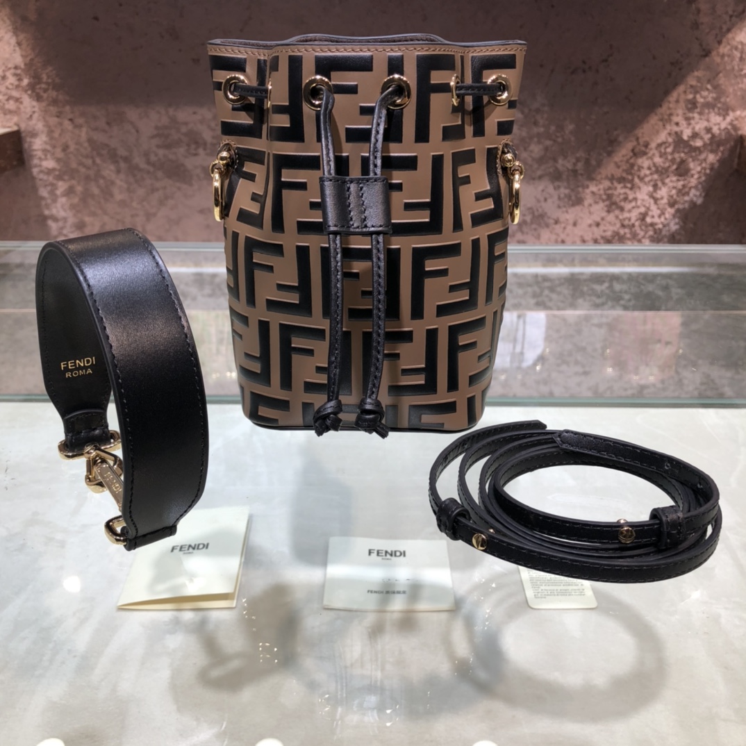 FENDI-Calfskin FF Logo Bucket Bag-Caramel