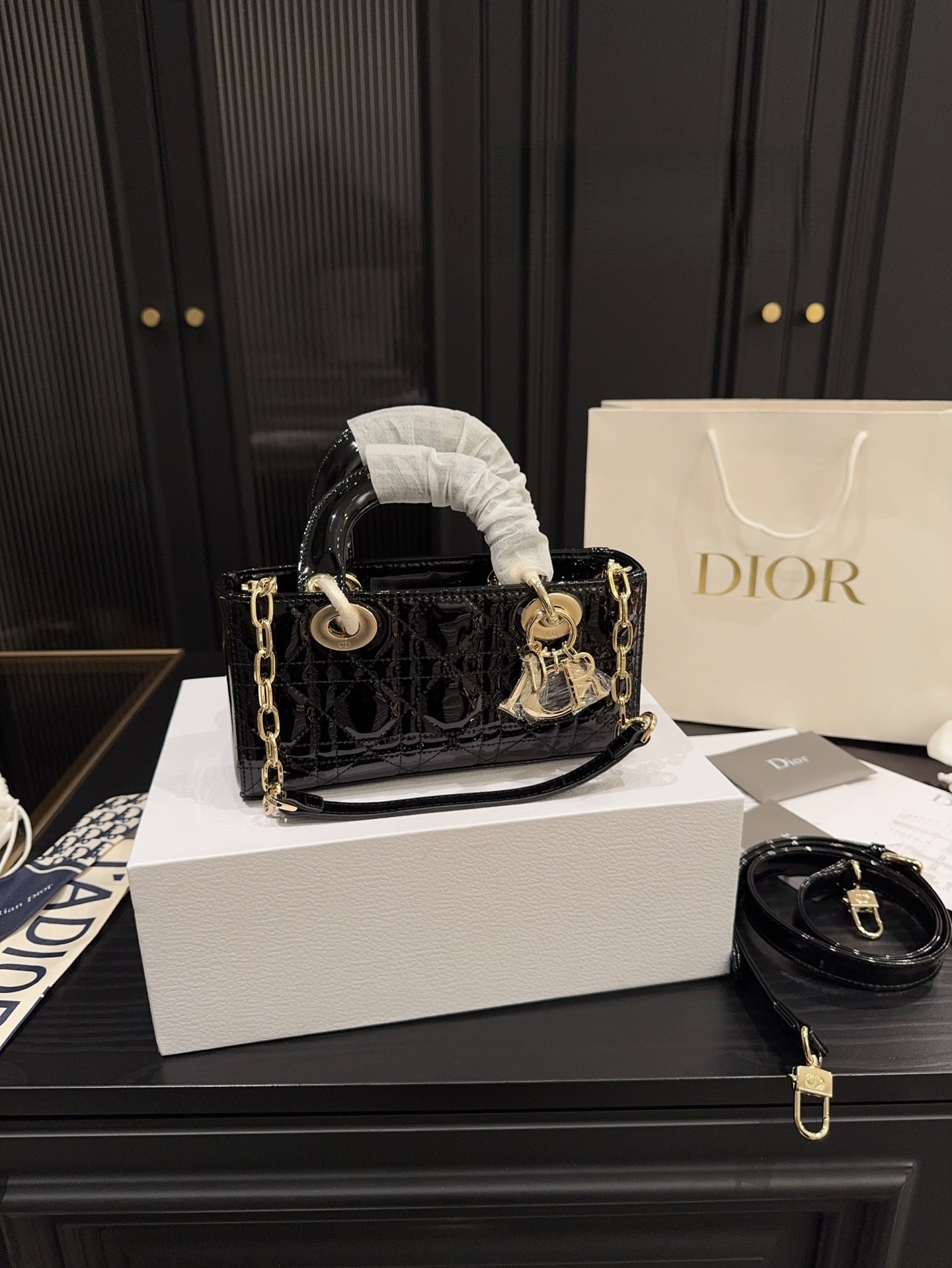 Lady D-Joy Micro Bag Black Patent Cannage Calfskin