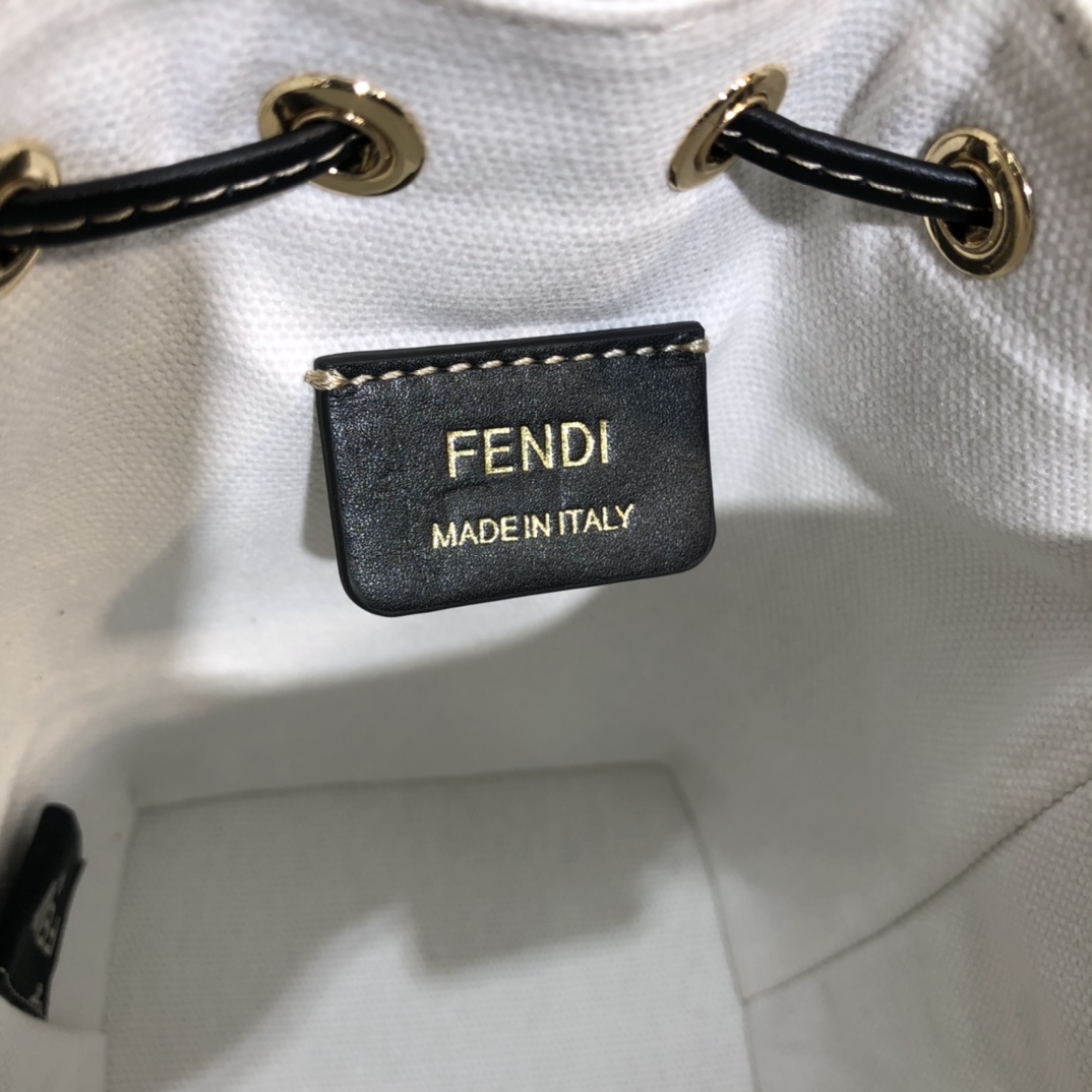 FENDI-White Denim FF Logo Embroidered Bucket Bag