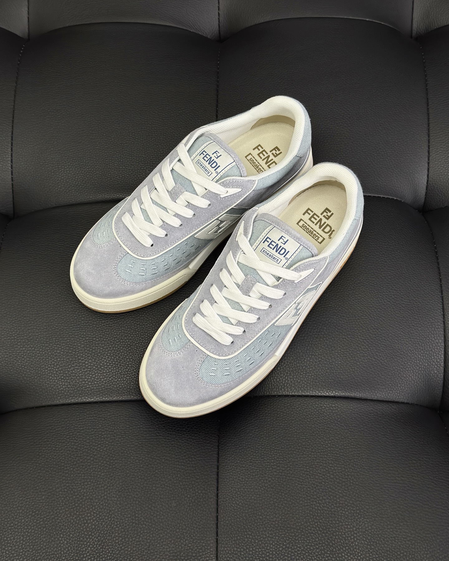 Fendi Match Light blue denim fabric and suede low tops