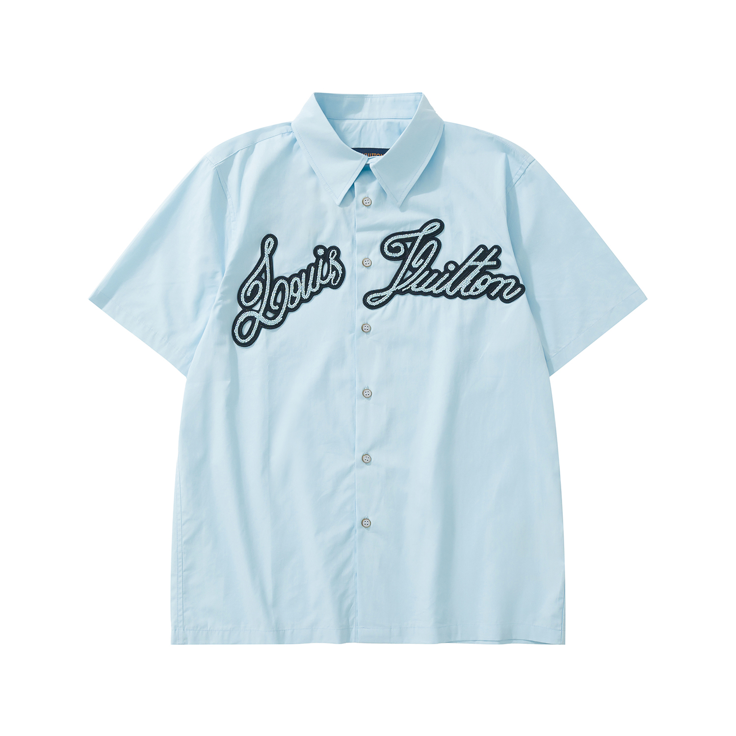 LV- embroidered cotton short-sleeved shirt-baby blue
