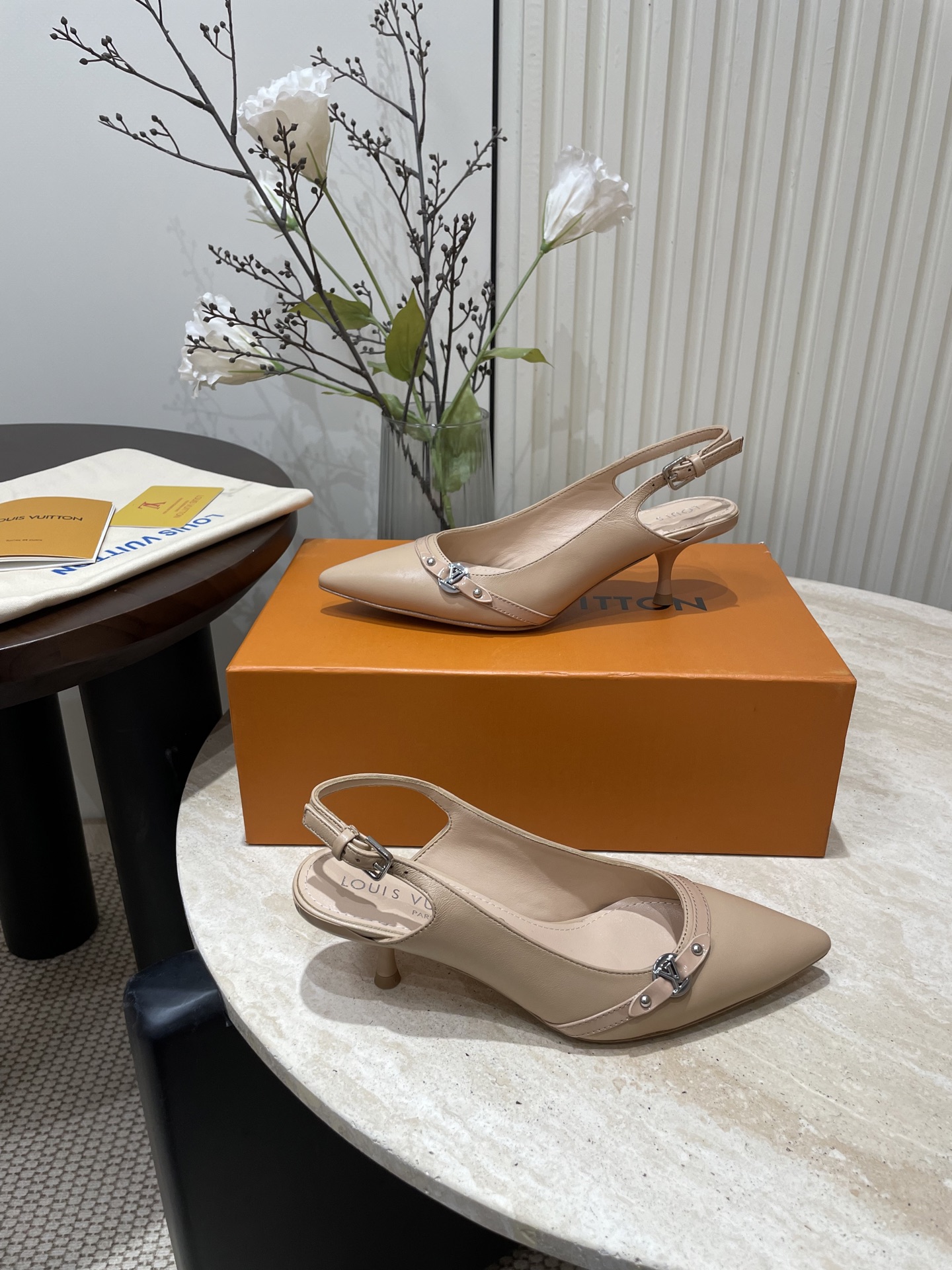 L V Pointed-Toe Slingback Heeled Sandals