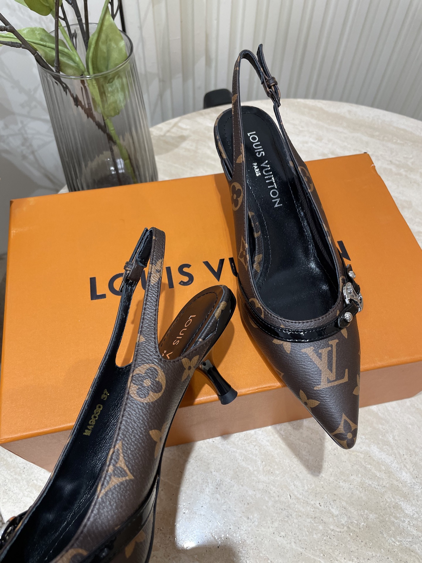 L V Pointed-Toe Slingback Heeled Sandals