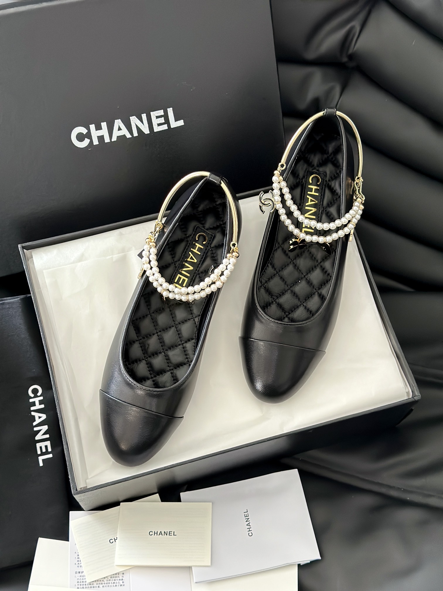 Chanel Leather Flat Black 'Pearl Embellished'