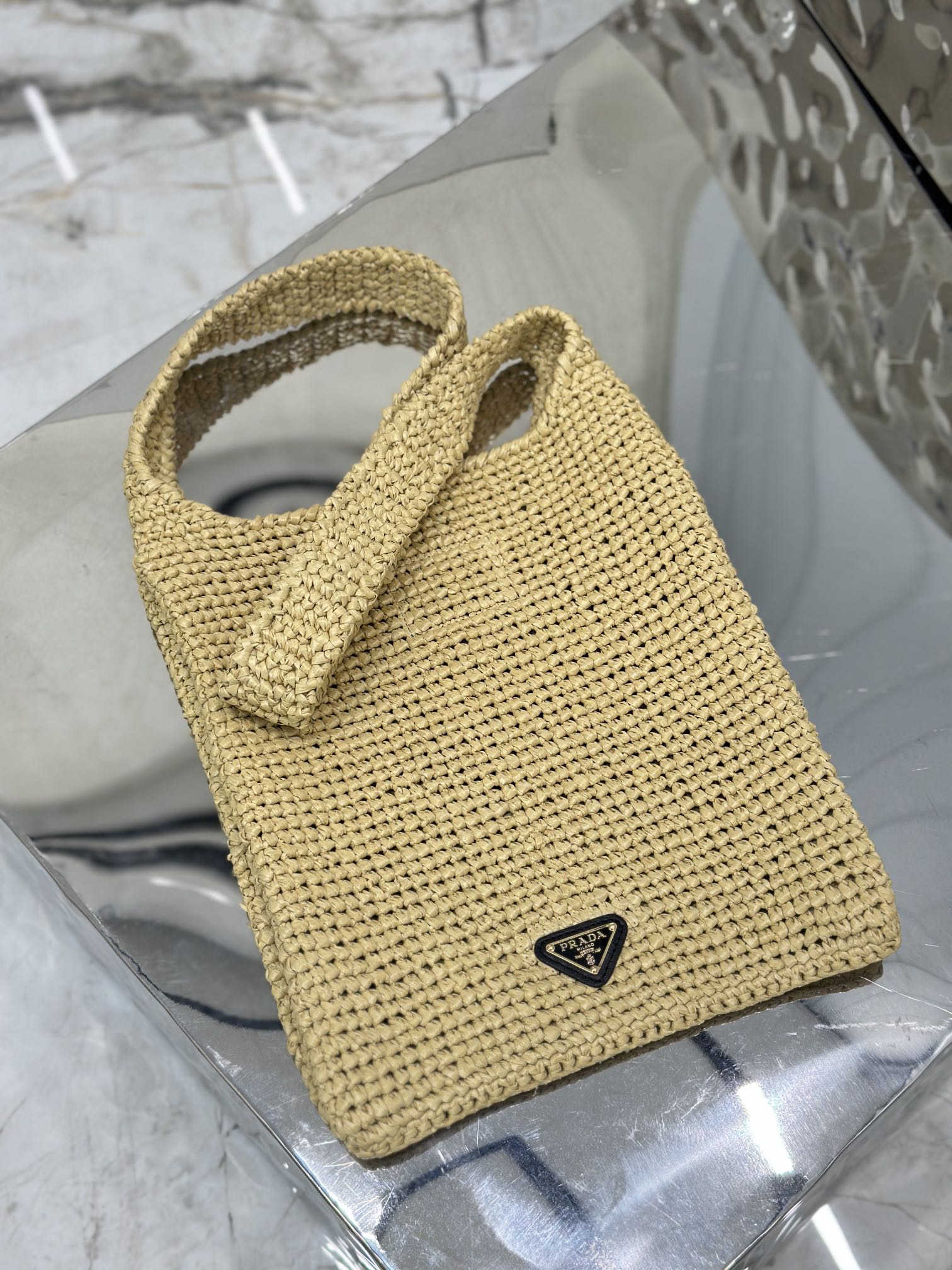 Prada Raffia Leather-Trimmed Tote